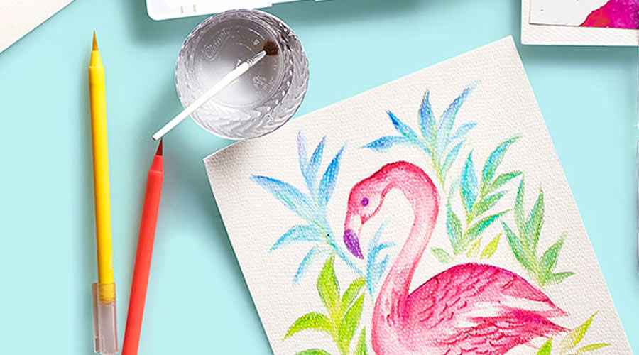 watercolor painting of flamingo with brush markers on blue surface