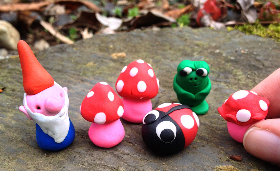 Create your own fairy garden gnome, mushroom and lady bug erasers.