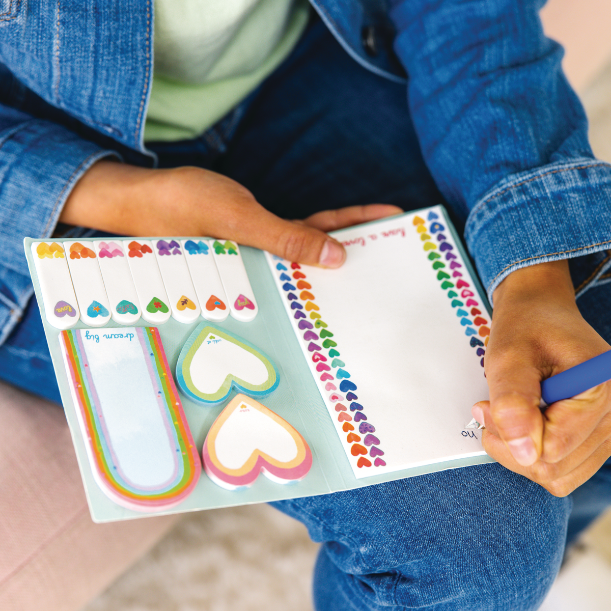 Writing in the Rainbow Hearts Side Notes Sticky Tab Note Pad