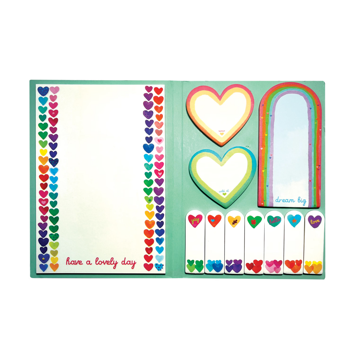 Side Notes Sticky Tab Note Pad - Rainbow Hearts inside of notepad