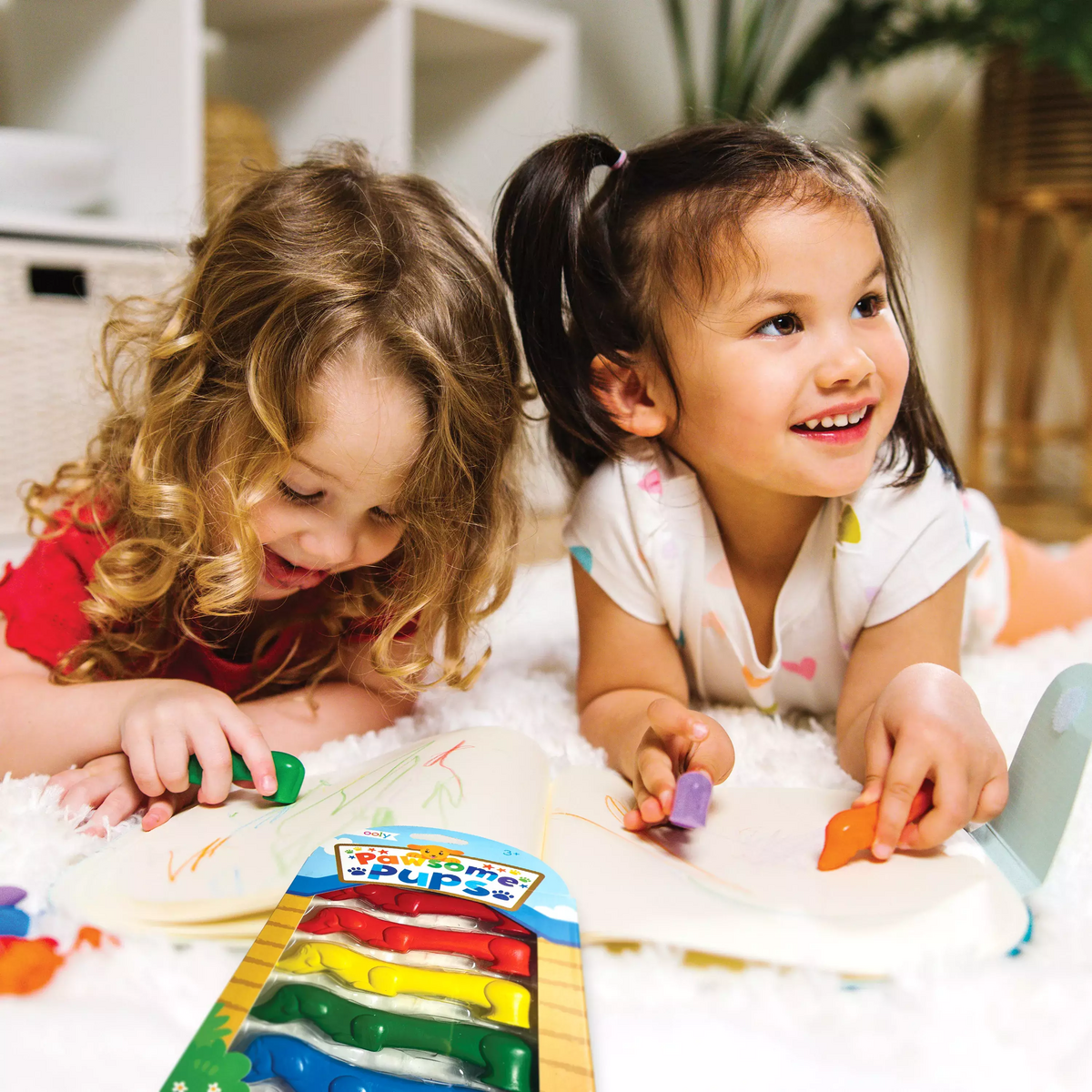 Girls coloring with Pawsome Pups dog crayons