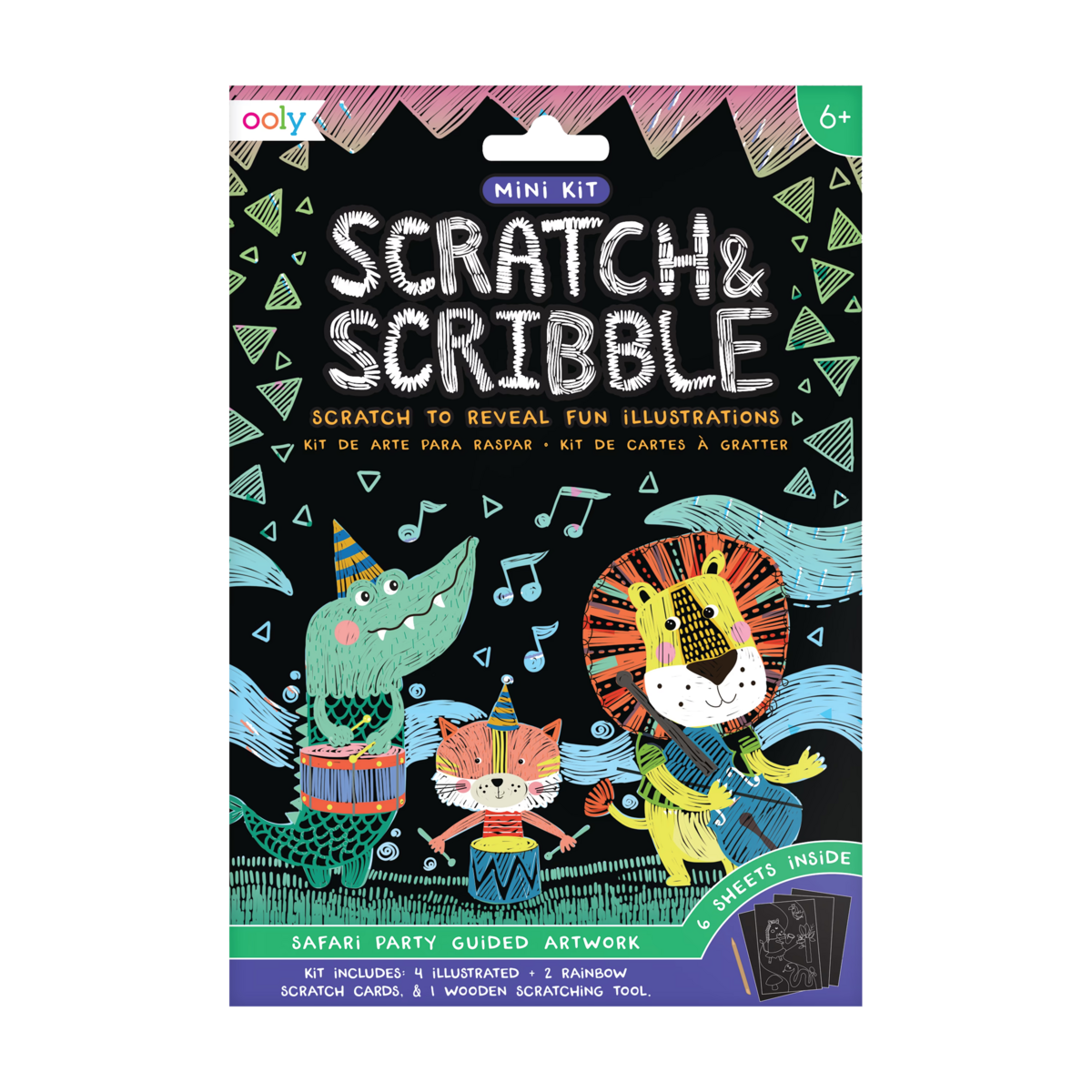 OOLY Safari Party Scratch and Scribble Mini Scratch Art Kit in package (front).