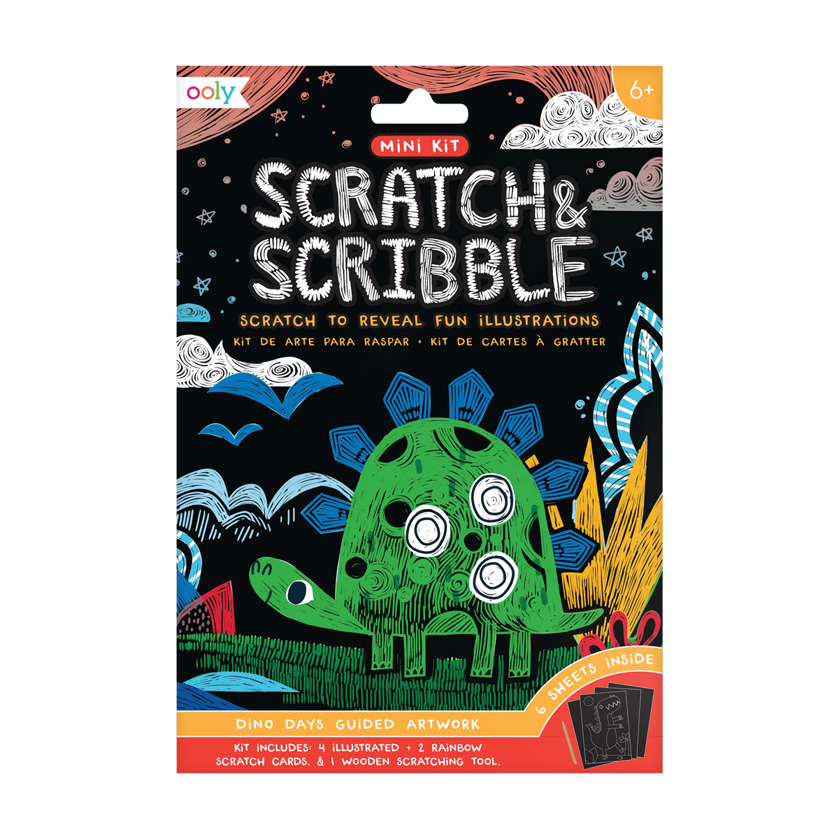 OOLY Dinosaur Days Scratch and Scribble Mini Scratch Art Kit in package (front).