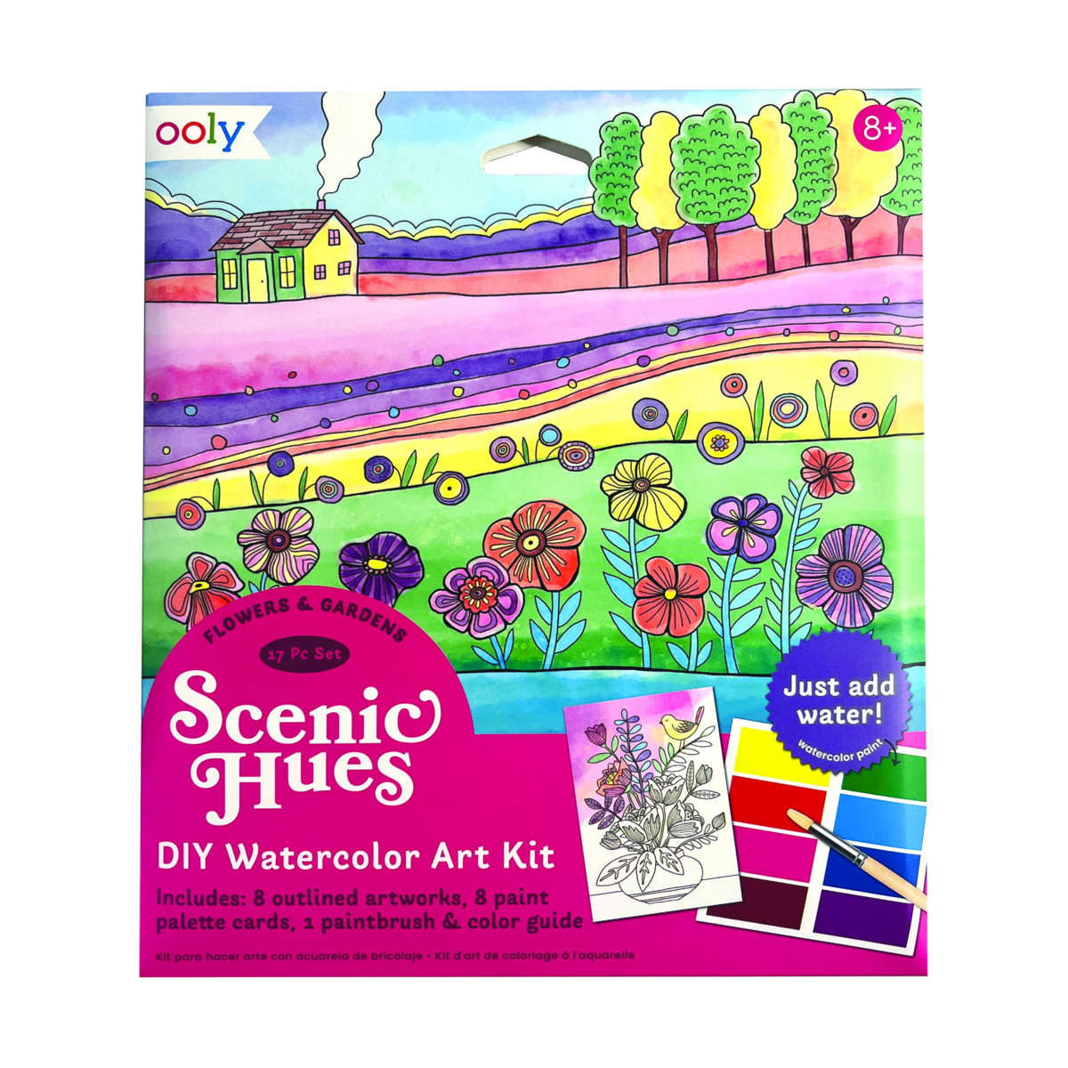 Flowers and Gardens Scenic Hues DIY watercolor art kit front of packaging