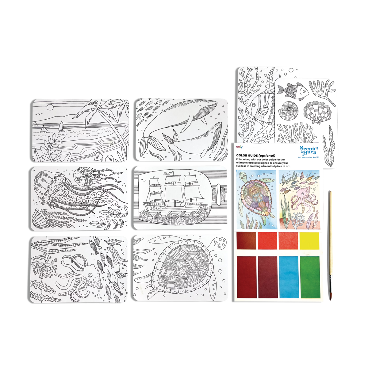 Ocean Paradise Scenic Hues DIY watercolor art kit contents