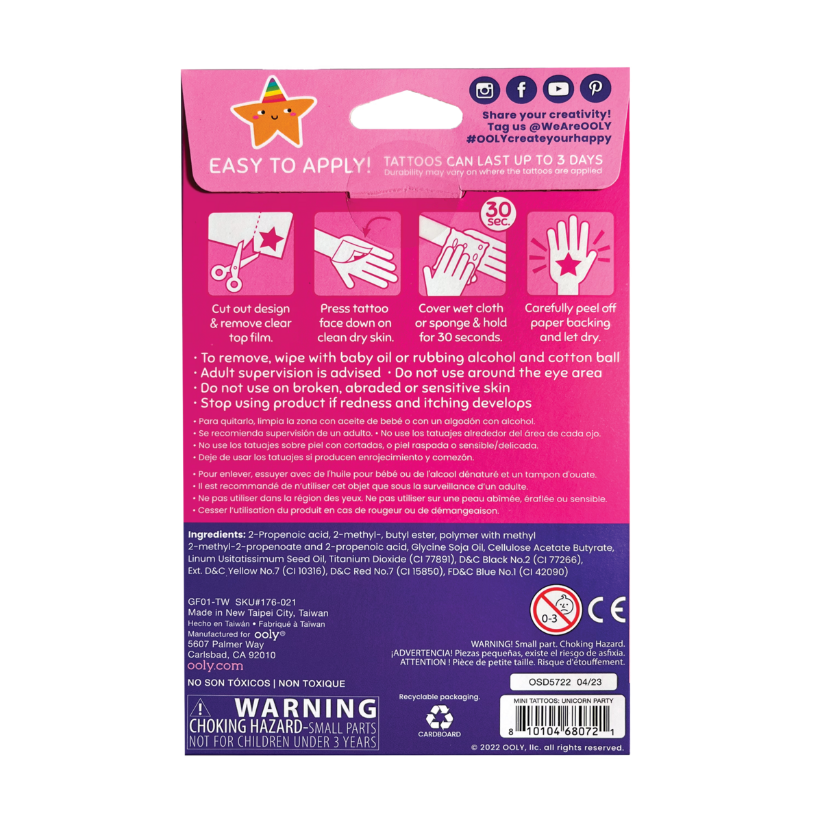 Unicorn Party Mini Tattoo Palooza Temporary Tattoos back of packaging