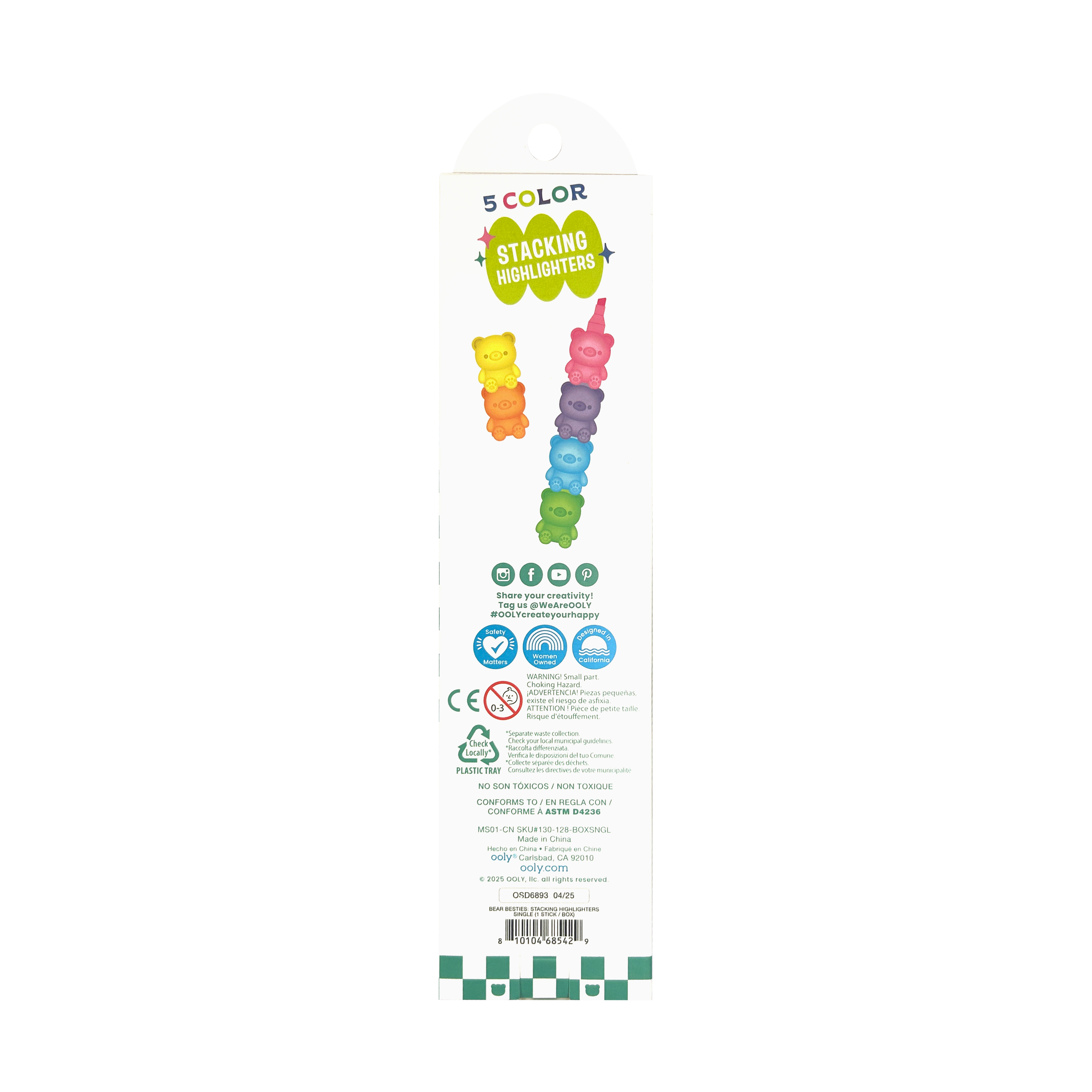 Back of packaging of OOLY Bear Besties Stacking Highlighters on a white background