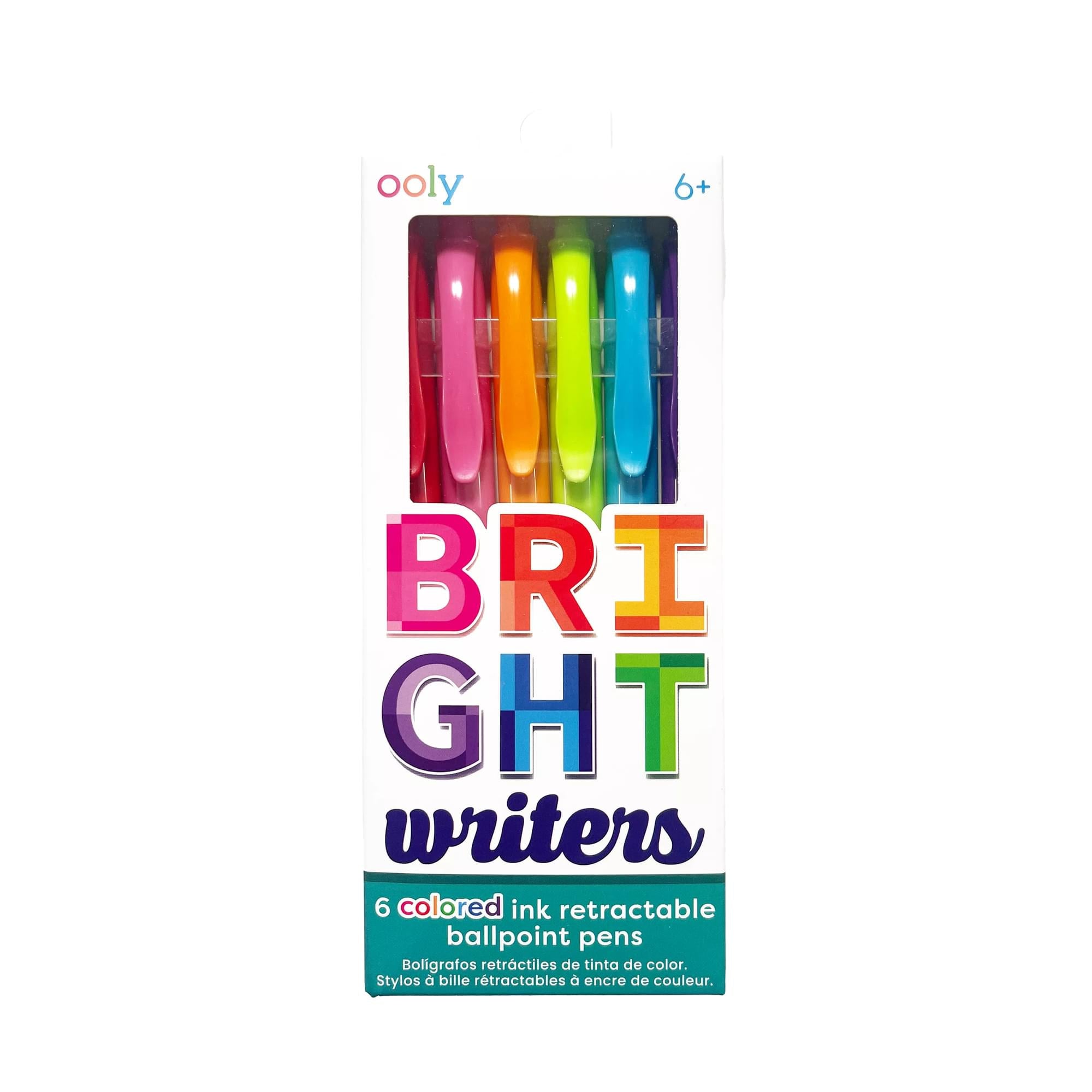 OOLY Bright Writers Colored Ink Retractable Ballpoint Pens front of packaging