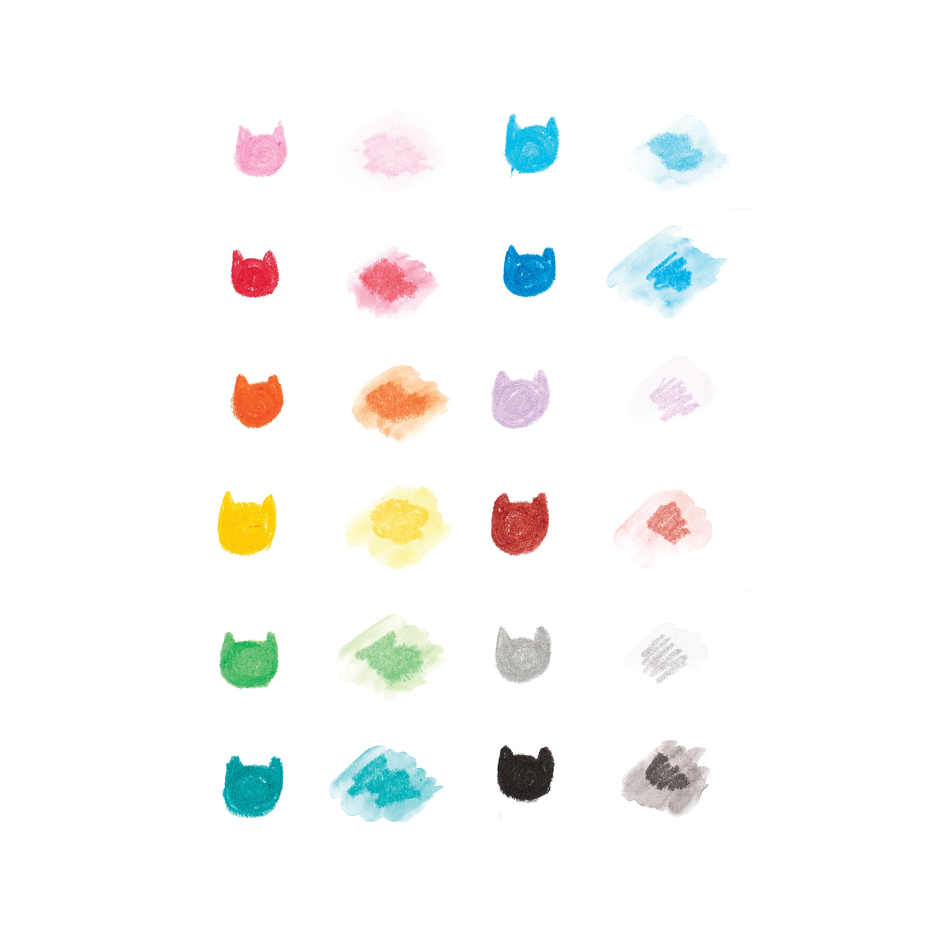 Colored swatches of cats and watercolors from OOLY Cat Parade Gel Crayons