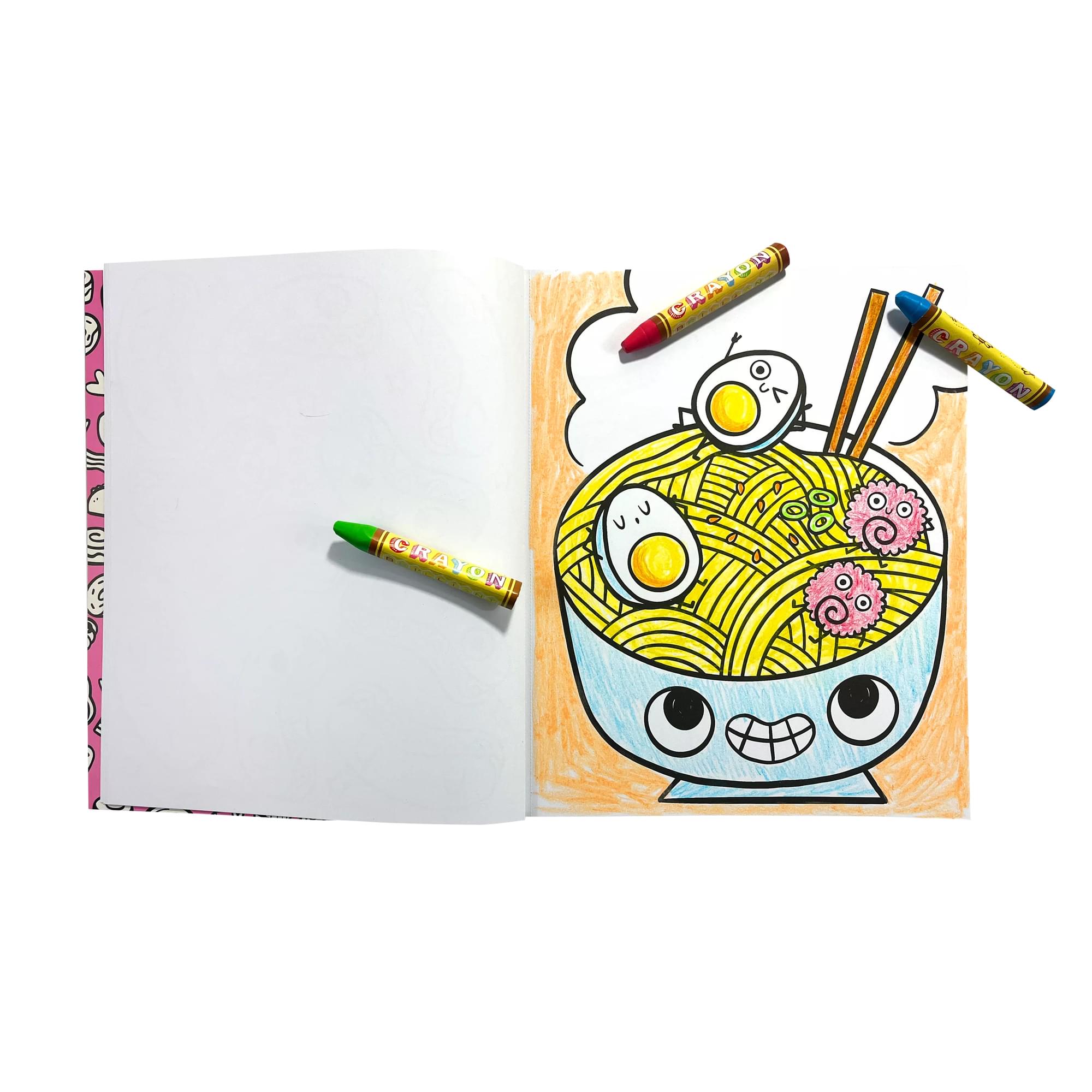 OOLY Color-In Book Coloring Book Happy Snacks open and colored with crayons