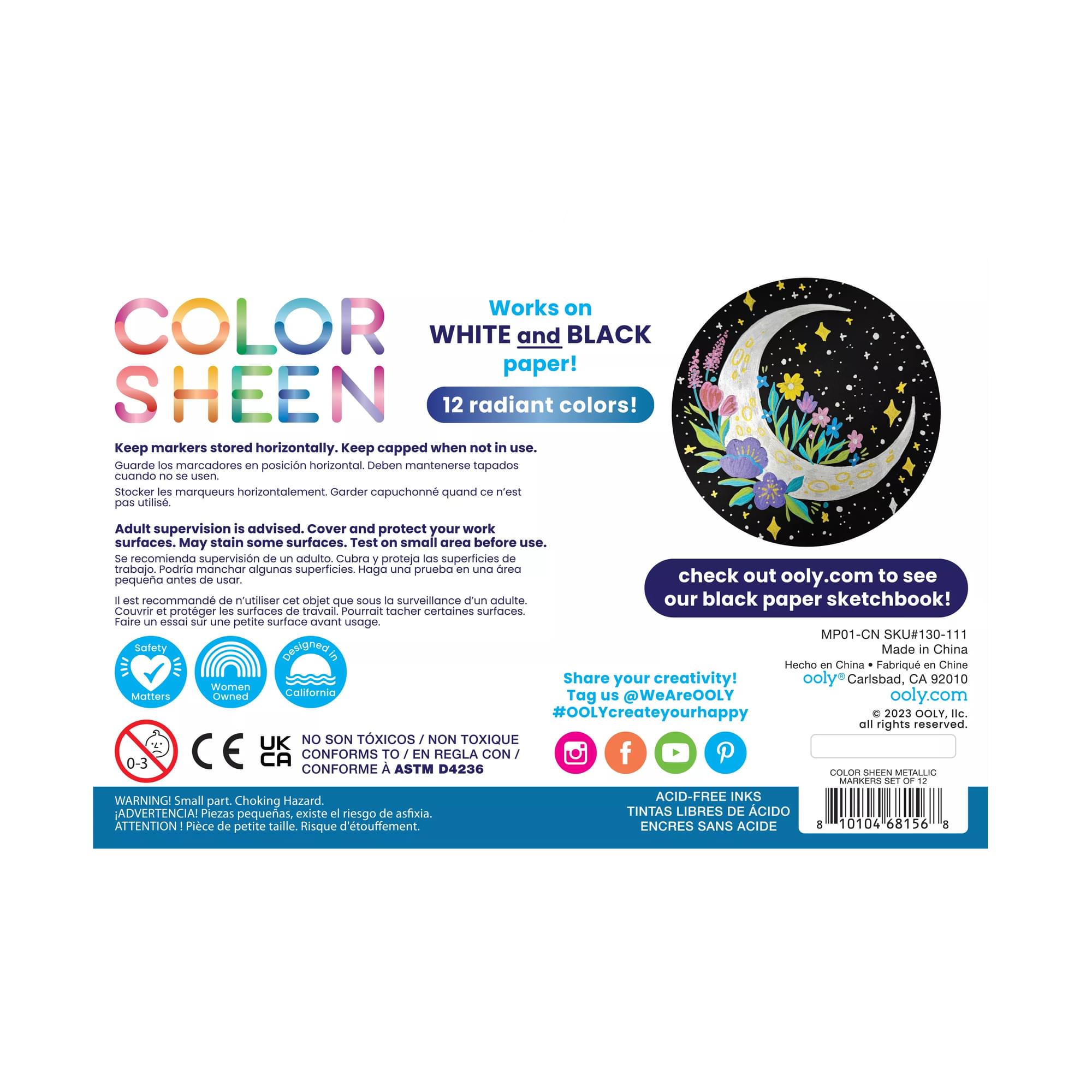Color Sheen Metallic Colored Felt Tip Markers back of packaging