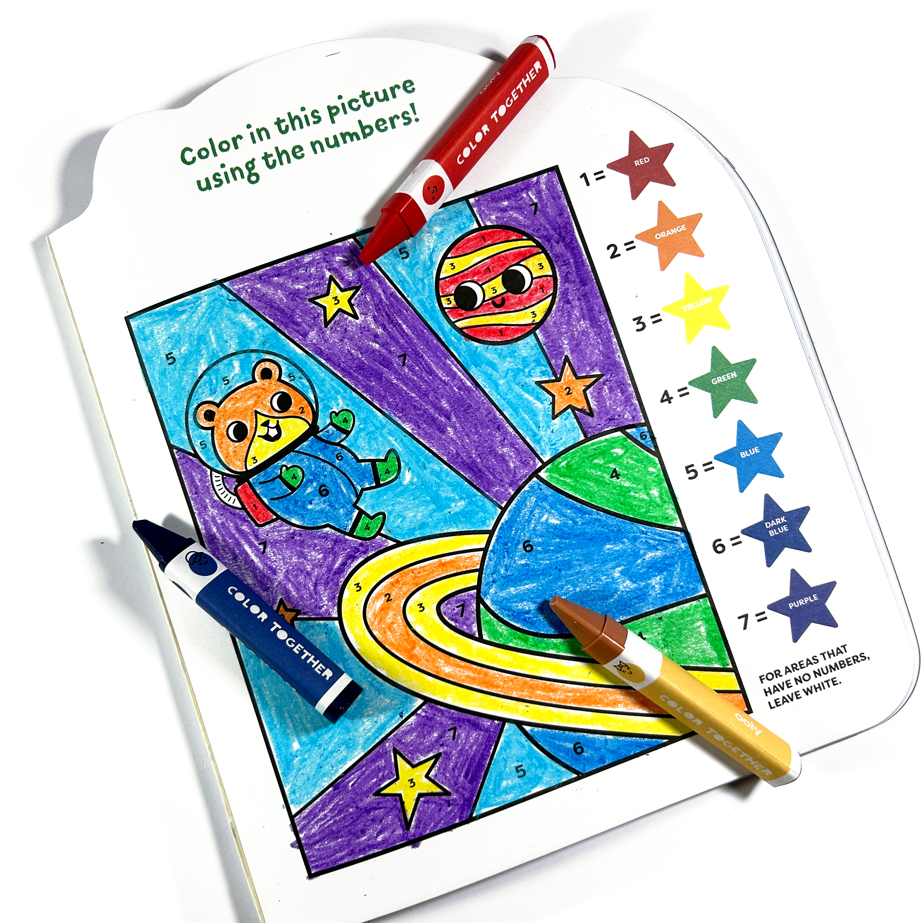 Number coloring page of kids space theme colored with OOLY Color Together Triangular Crayons
