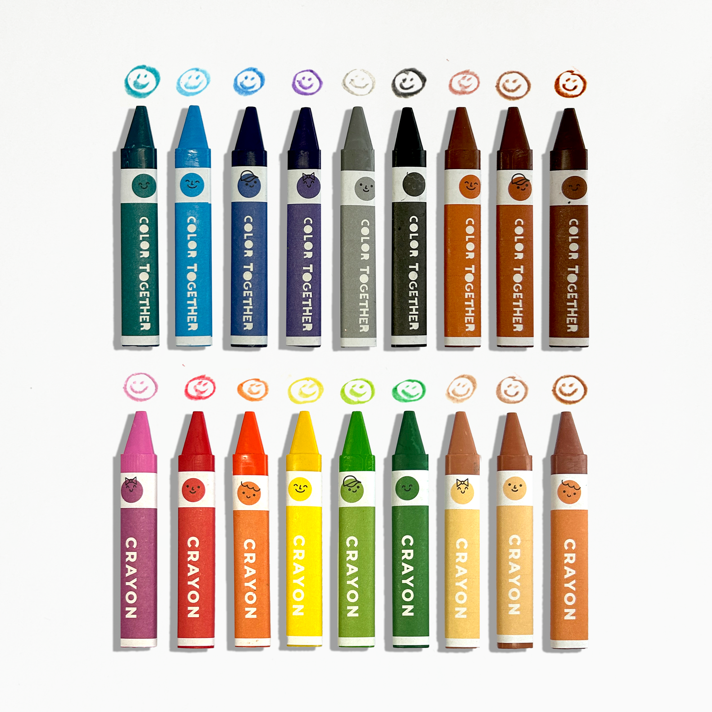 Row of OOLY Color Together Triangular Crayons with happy face color swatches on a white background