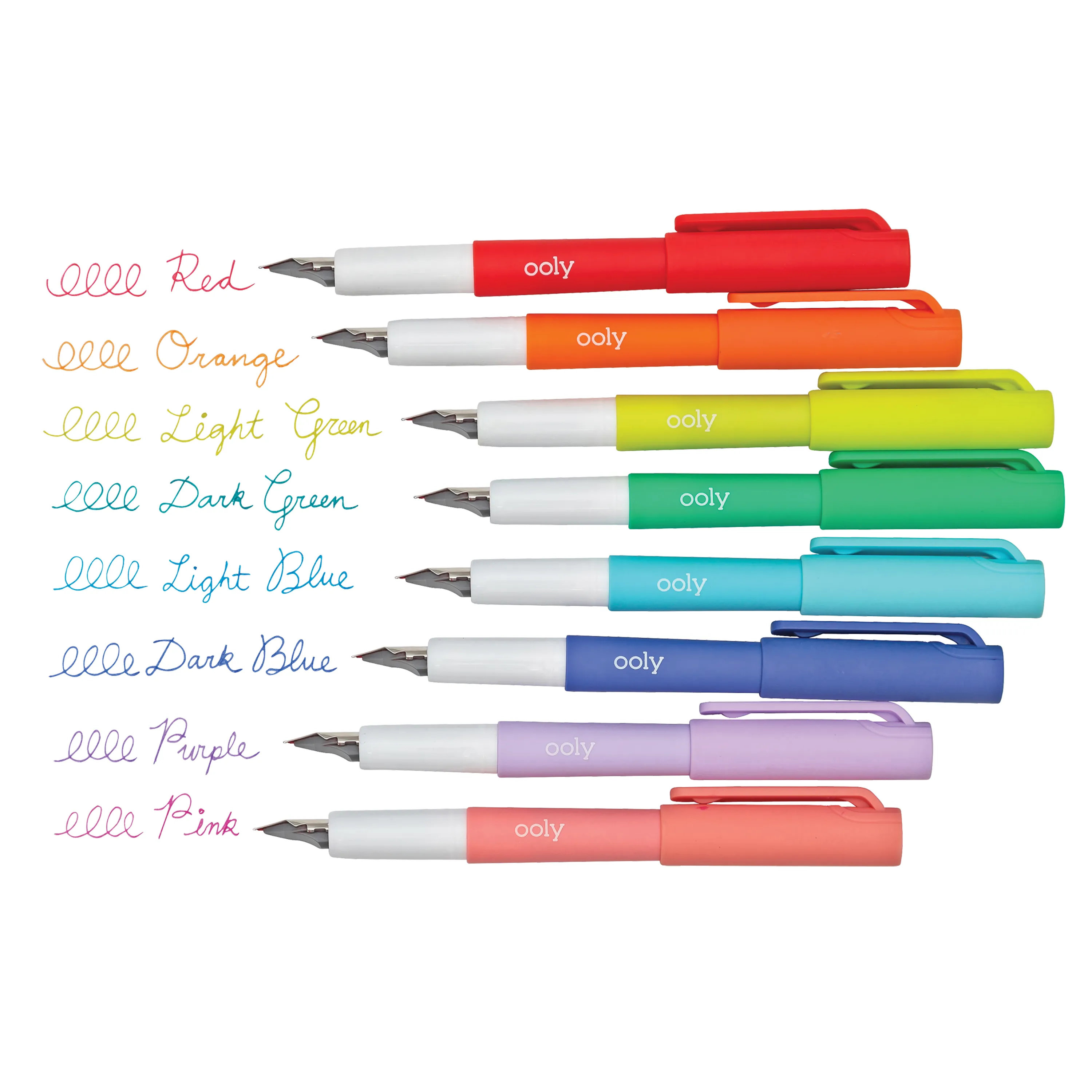 Set of six OOLY Color Write Fountain Pens with visible ink colors on a white background