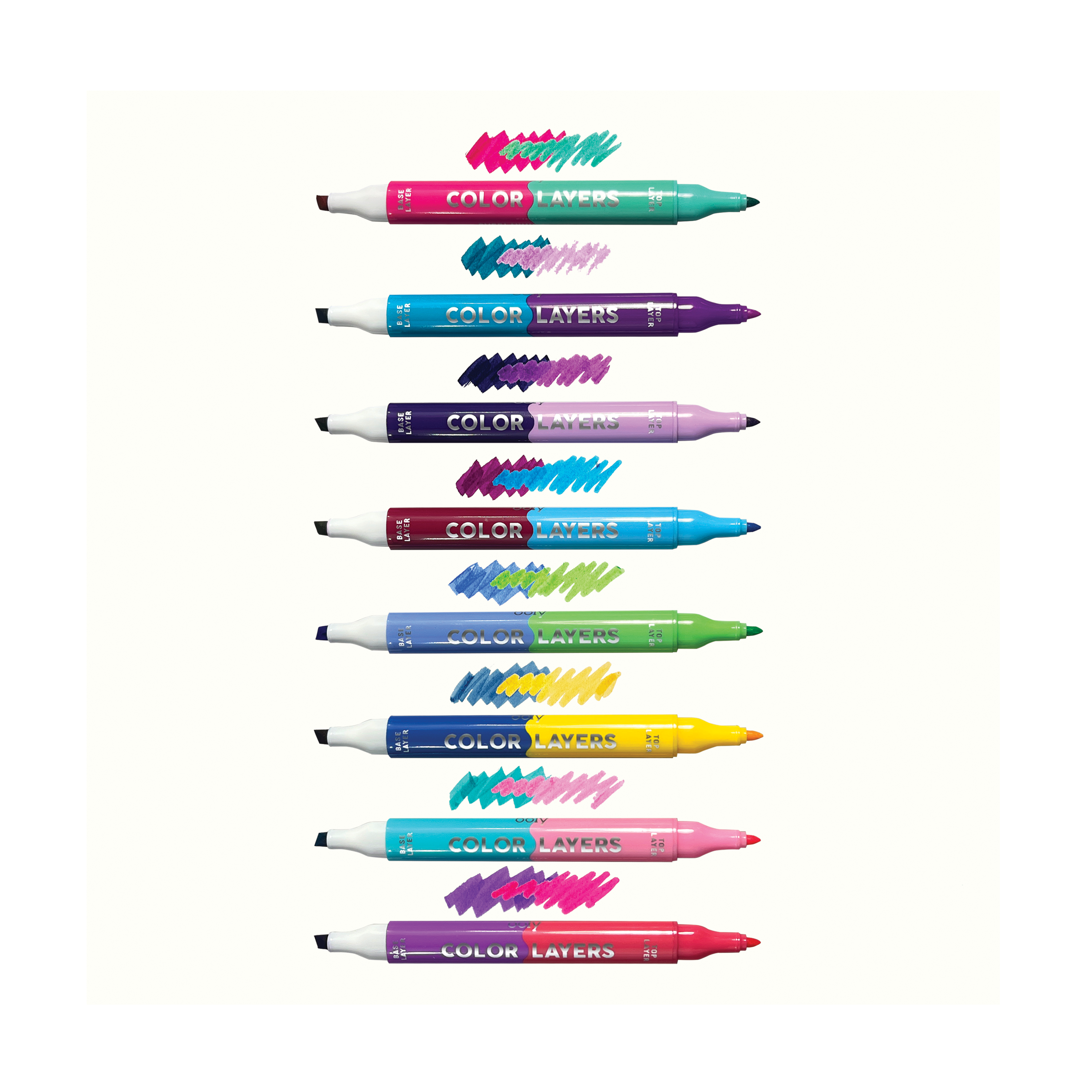 Row of uncapped markers and layered swatches from the OOLY Color Layers Marker set