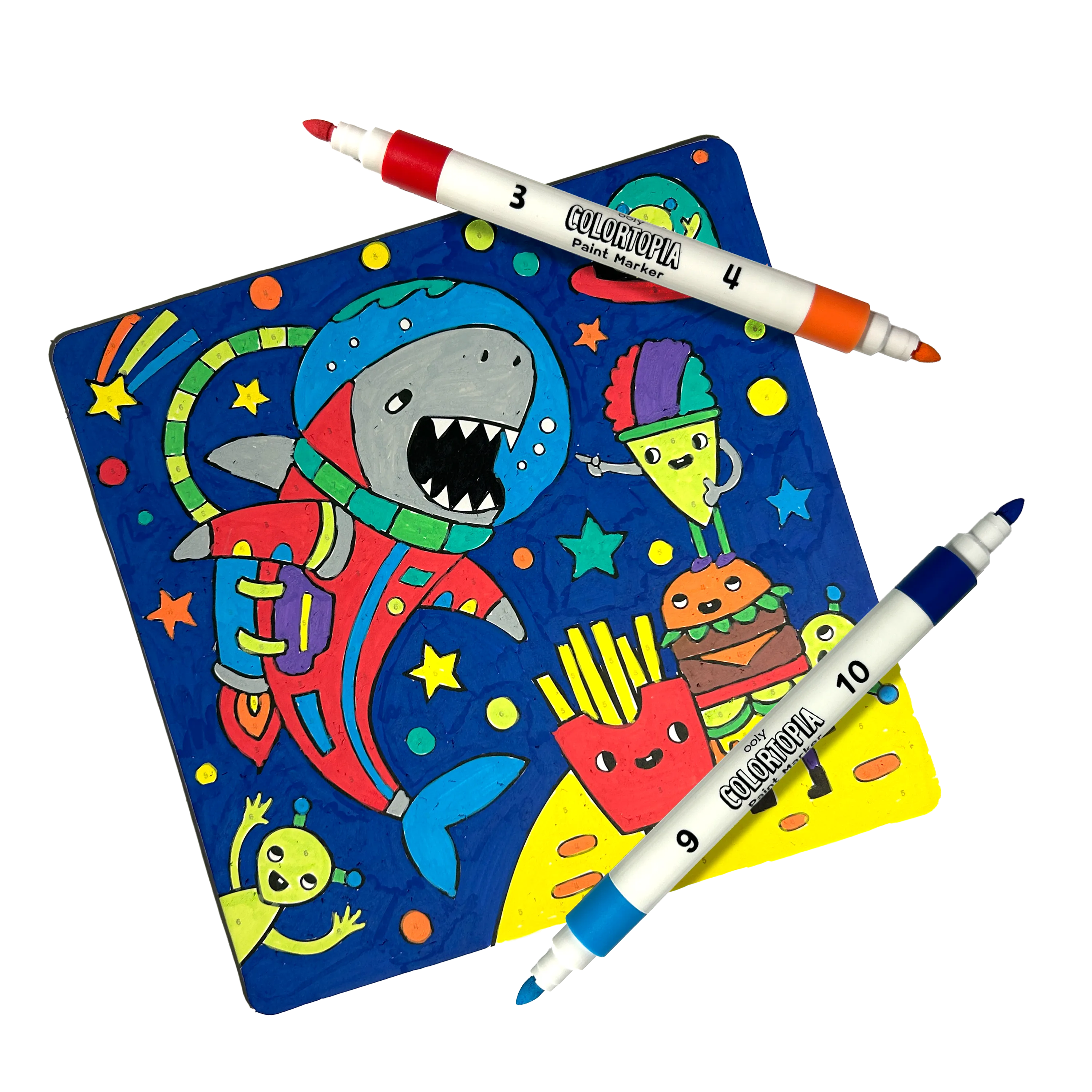 Finished paint card of shark and food characters with paint markers from OOLY Colortopia Color By Number Paint Marker Kit - Epic Adventures