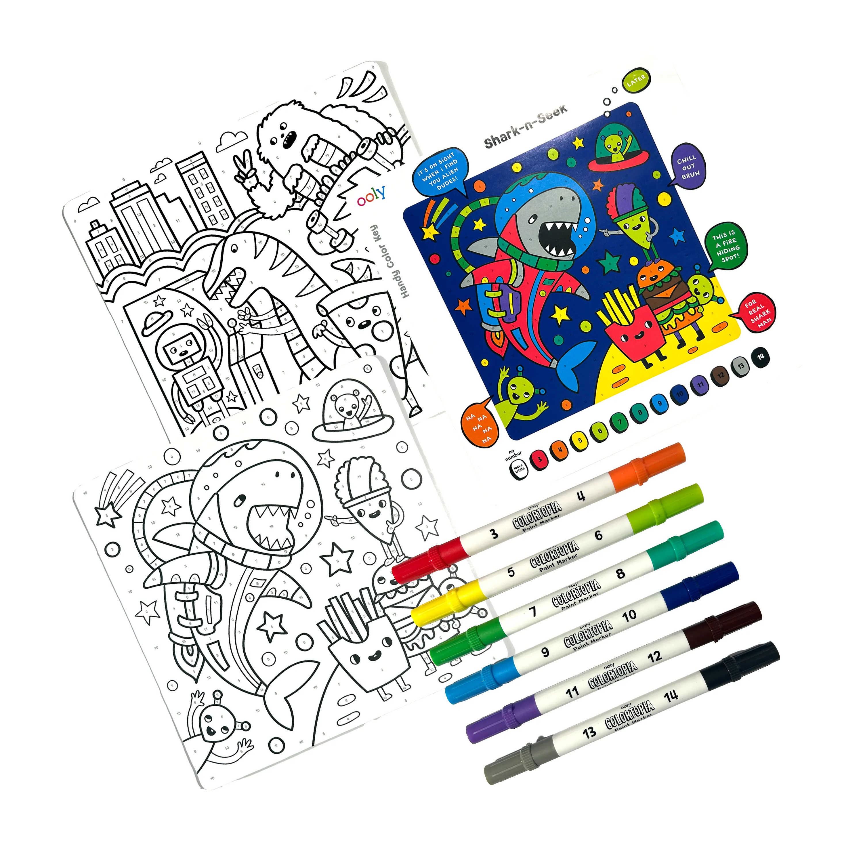 Flat lay of OOLY Colortopia Color By Number Paint Marker Kit - Epic Adventures set with paint cards and markers