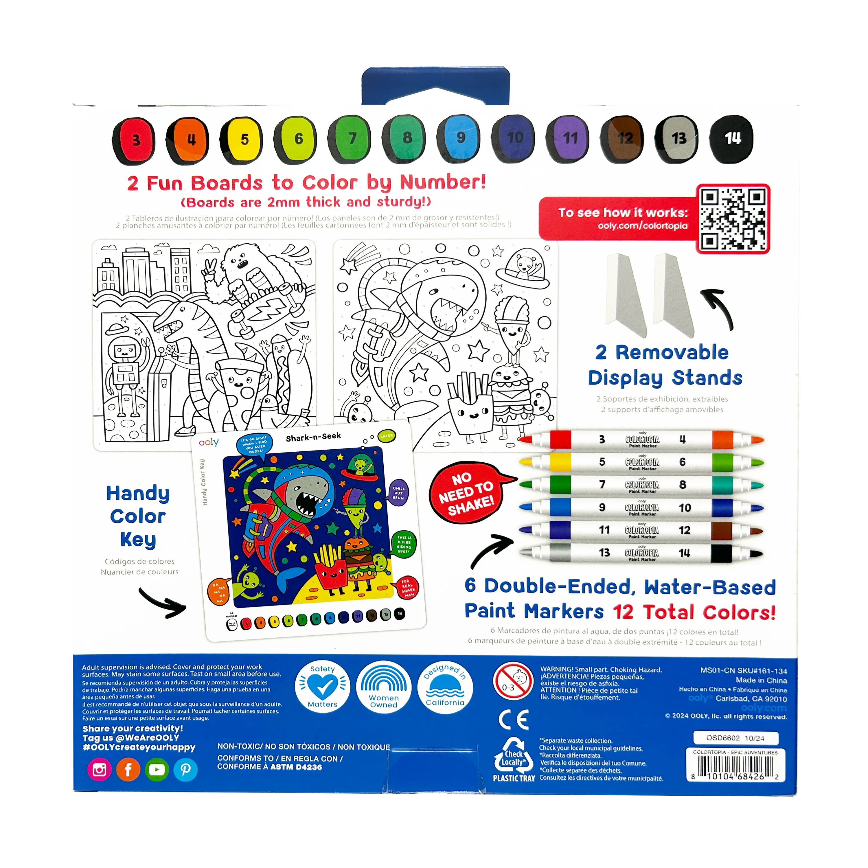 Back of packaging of OOLY Colortopia Color By Number Paint Marker Kit - Epic Adventures set