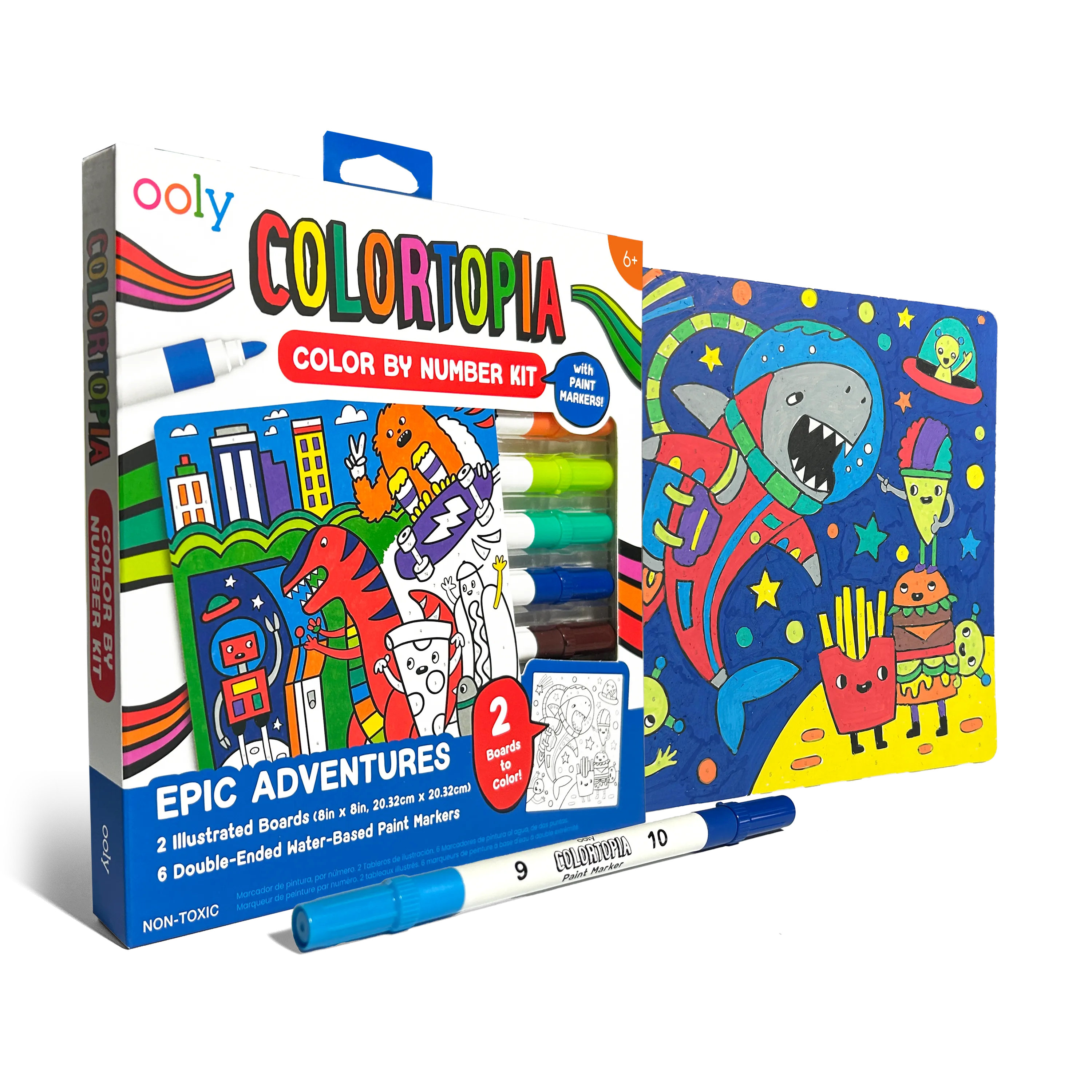 Quarter angle of packaging and paint card from OOLY Colortopia Color By Number Paint Marker Kit - Epic Adventures