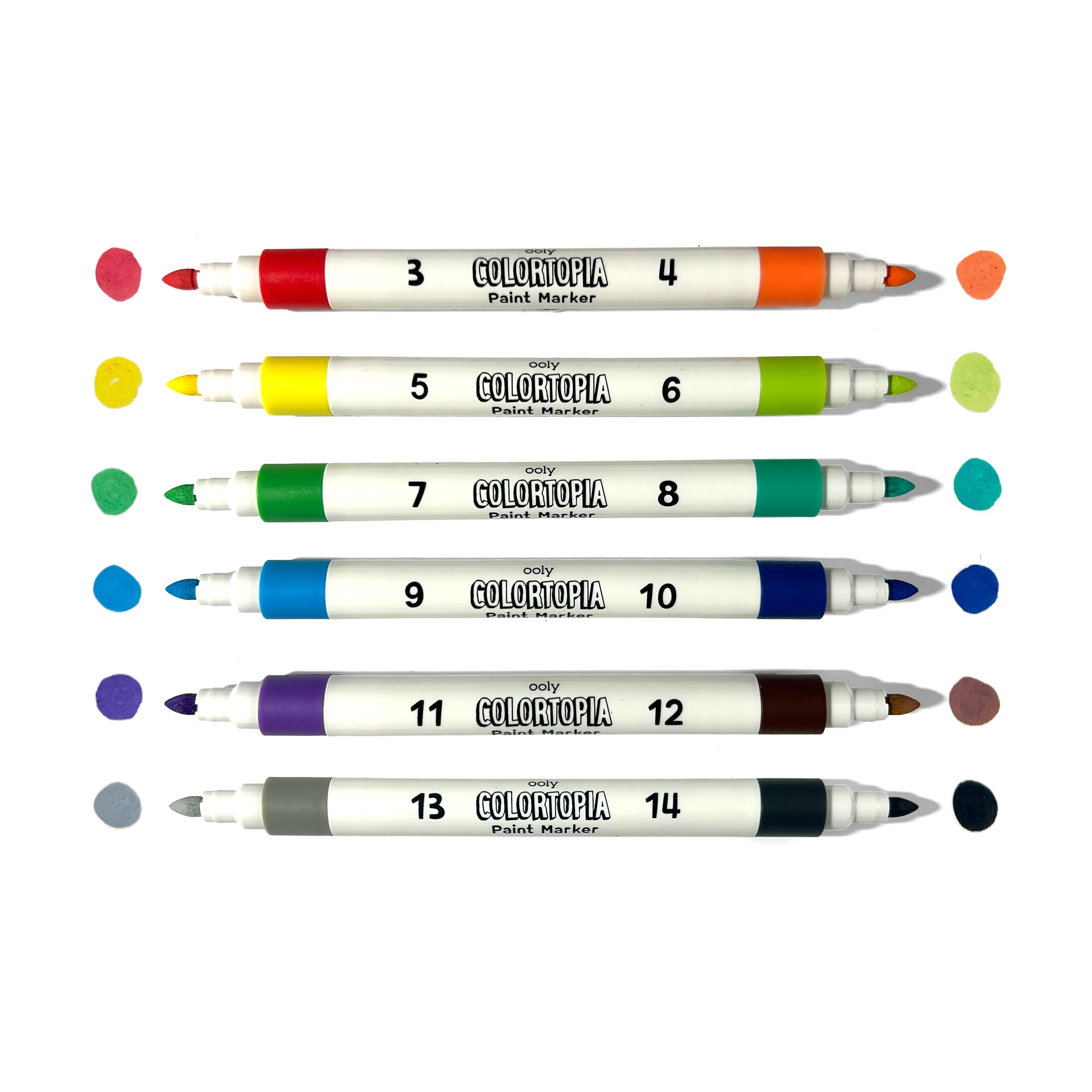 Row of paint markers and swatches from OOLY Colortopia Color By Number Paint Marker Kit - Epic Adventures set