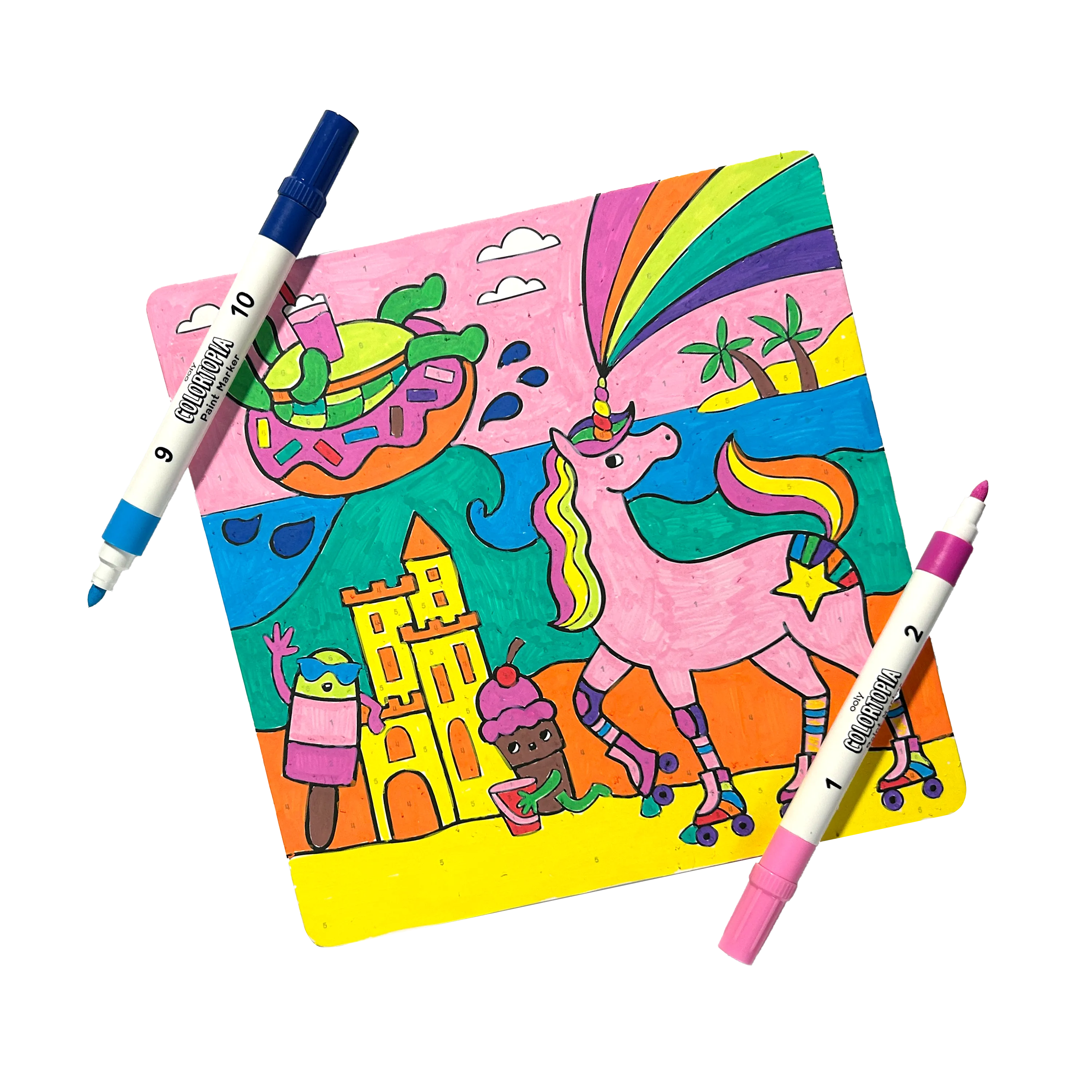 Completed art board of magical rainbow unicorn from OOLY Unicorn Funland Colortopia Color By Number Paint Marker Kit