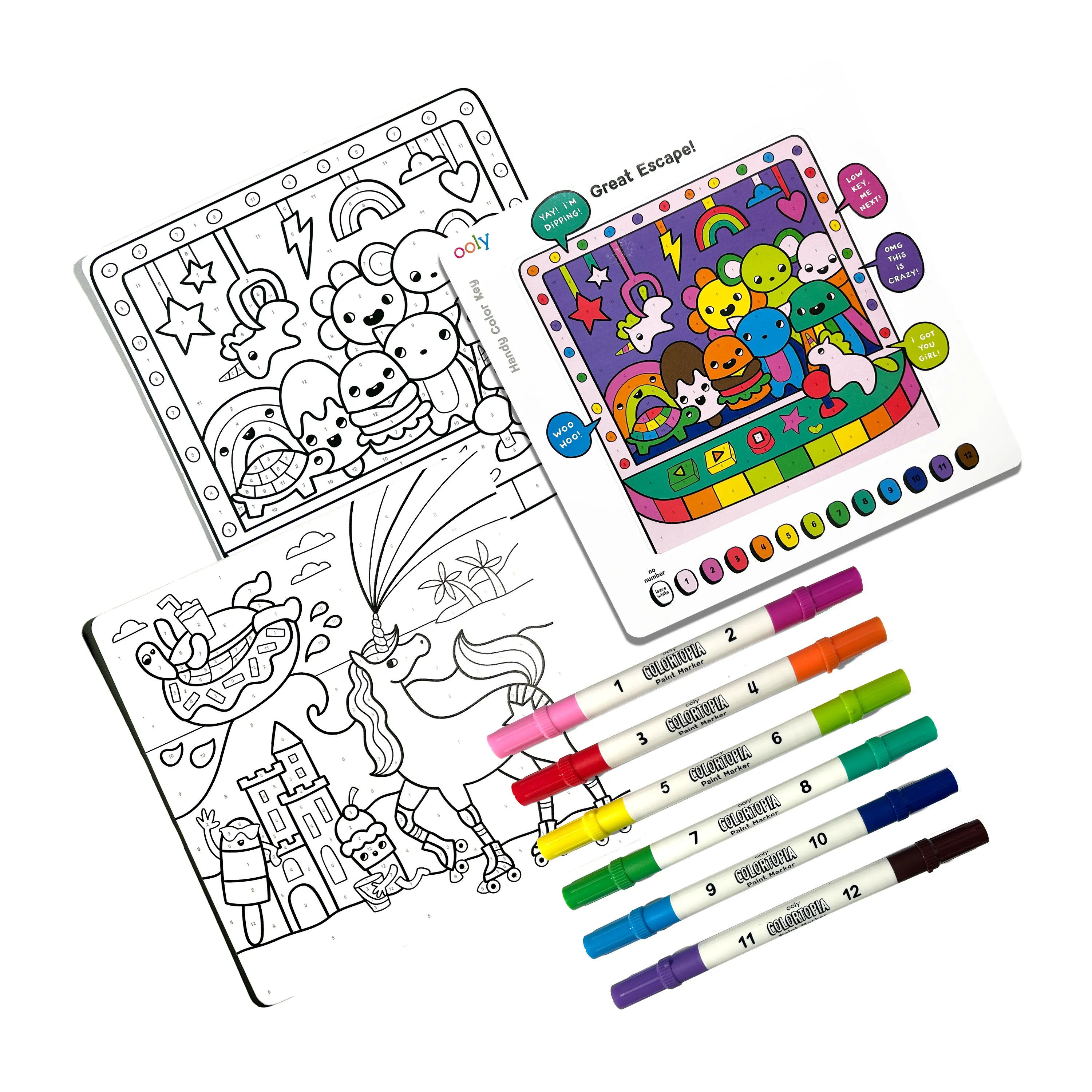 Flat lay of contents of OOLY Unicorn Funland Colortopia Color By Number Paint Marker Kit including art boards and paint markers