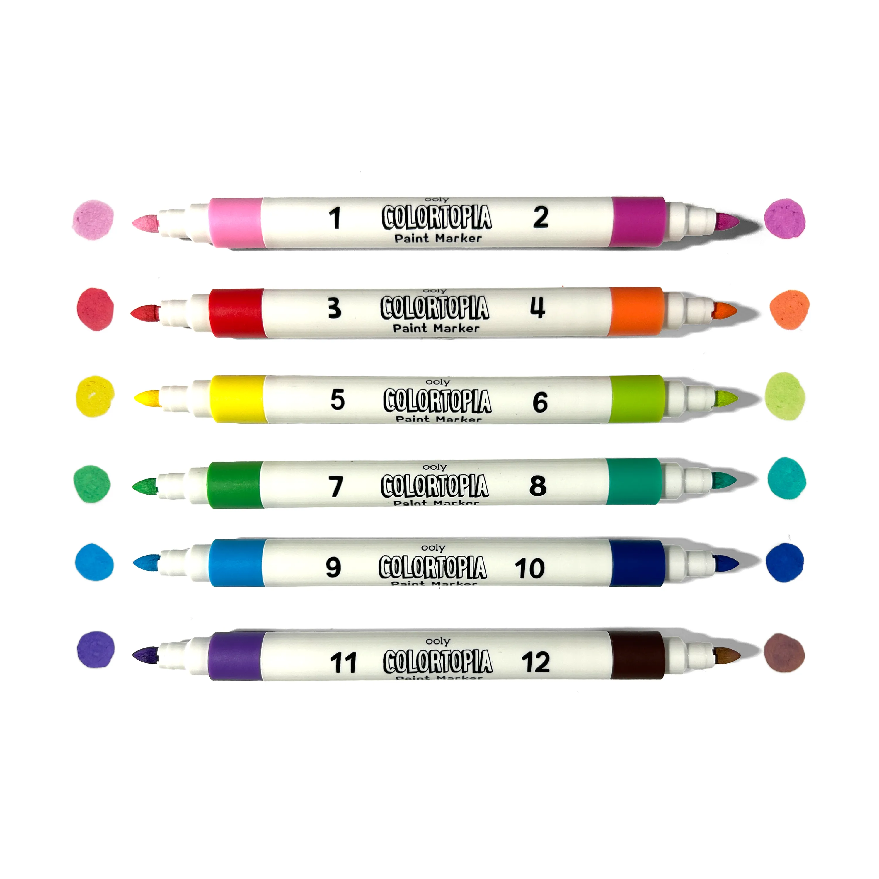 Row of paint markers with colored swatches OOLY Unicorn Funland Colortopia Color By Number Paint Marker Kit