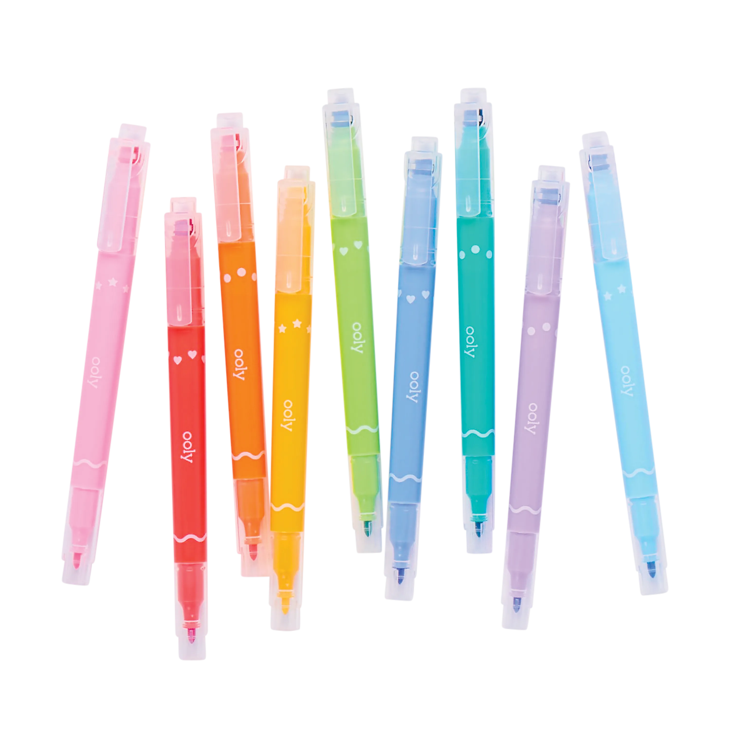 Scattered row of capped OOLY Confetti Stamp Double-Ended Markers