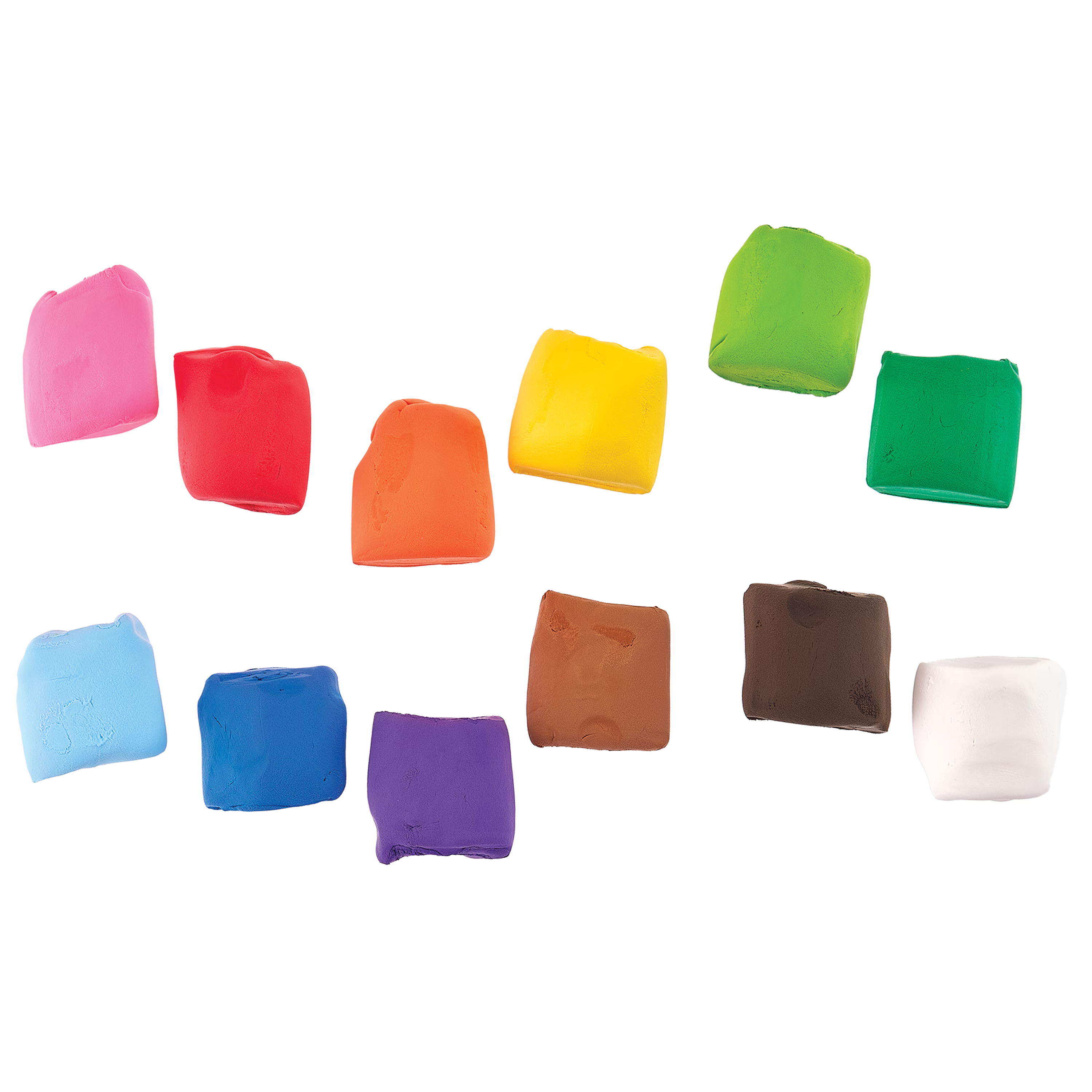 Twelve colorful square clays from the OOLY Creatibles Standard Air Dry Clay Kit on a white background