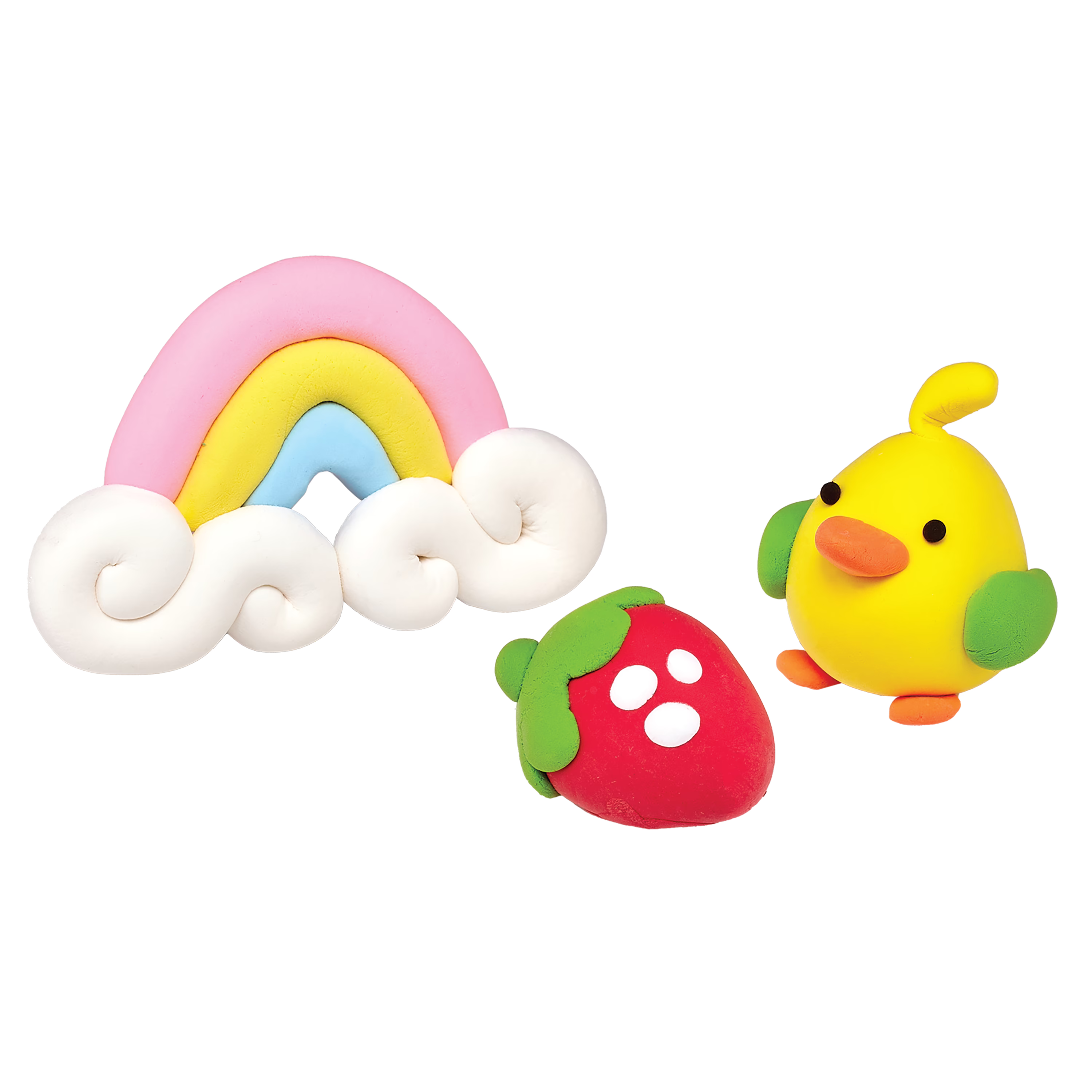 Set of finished creations including a rainbow, strawberry, and duck made with OOLY Creatibles Standard Air Dry Clay Kit on a white background