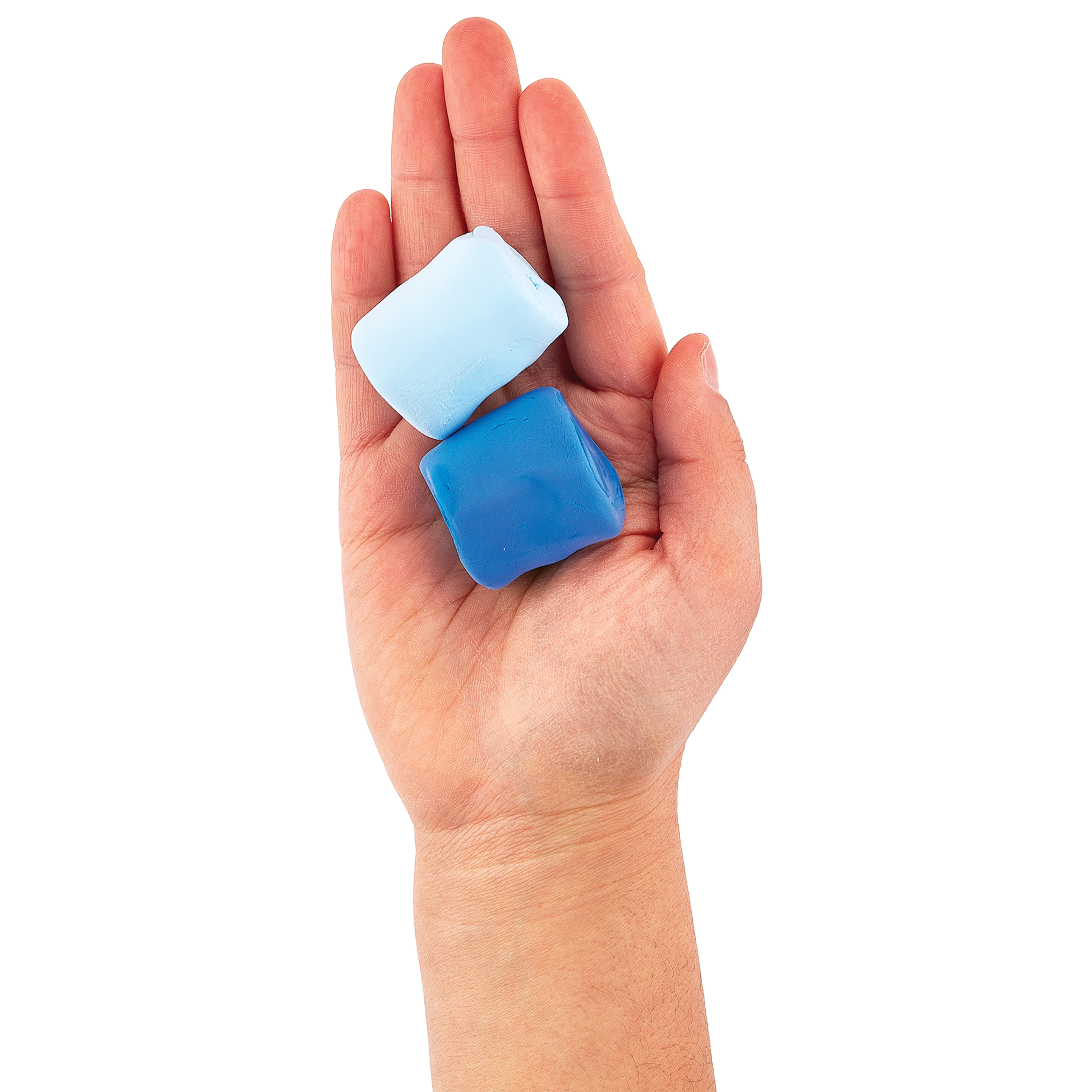 Two blue clay blocks from an OOLY Creatibles Standard Air Dry Clay Kit held in a hand against a white background