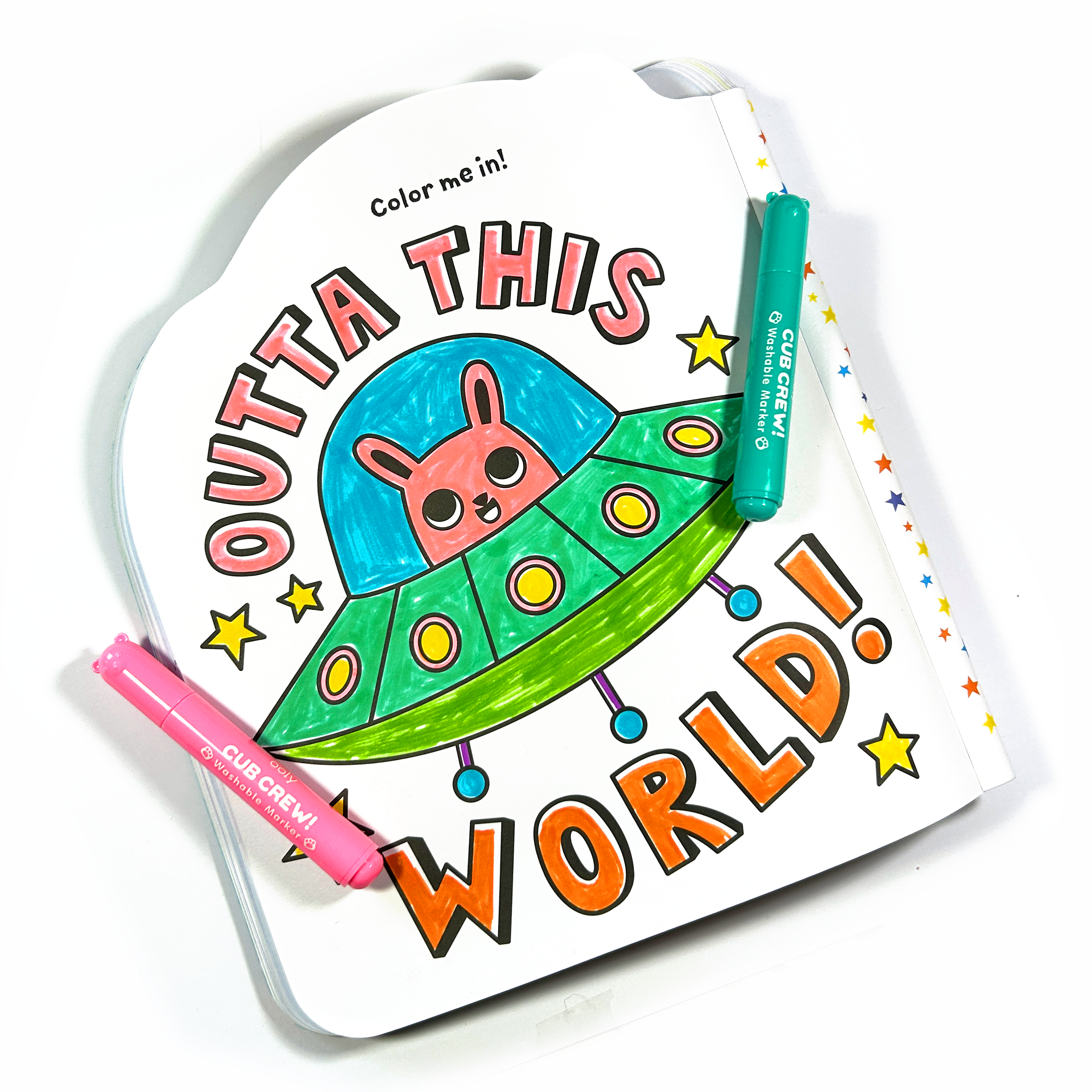 "Outta this World" colored page from coling book with two OOLY Cub Crew Washable Markers on a white background