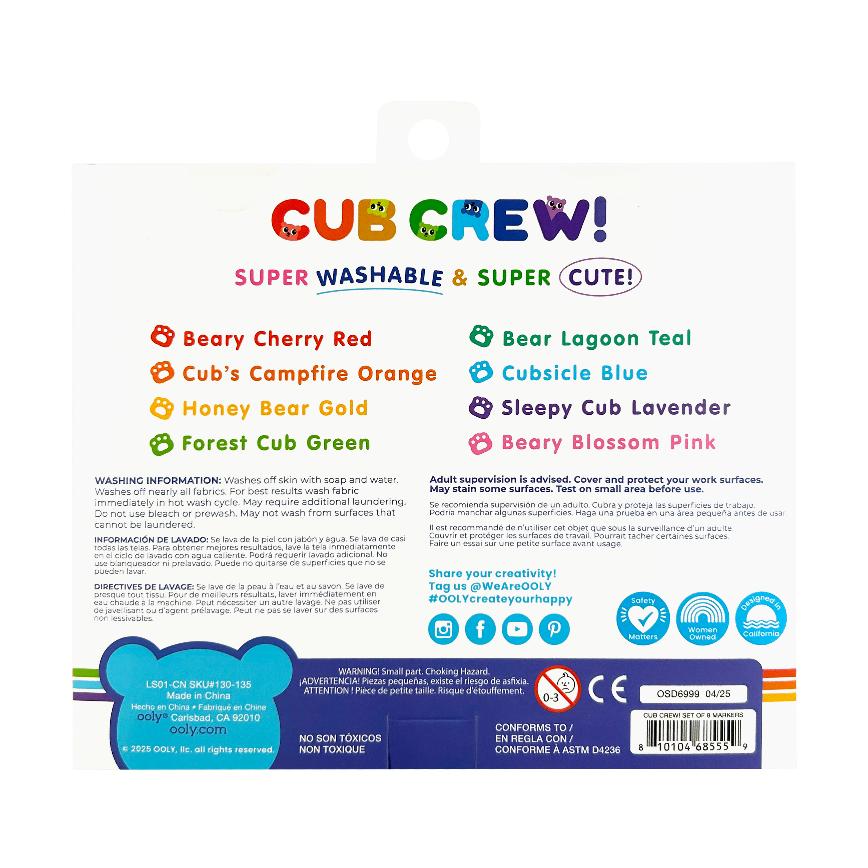 Back of packaging of OOLY Cub Crew Washable Markers on a white background
