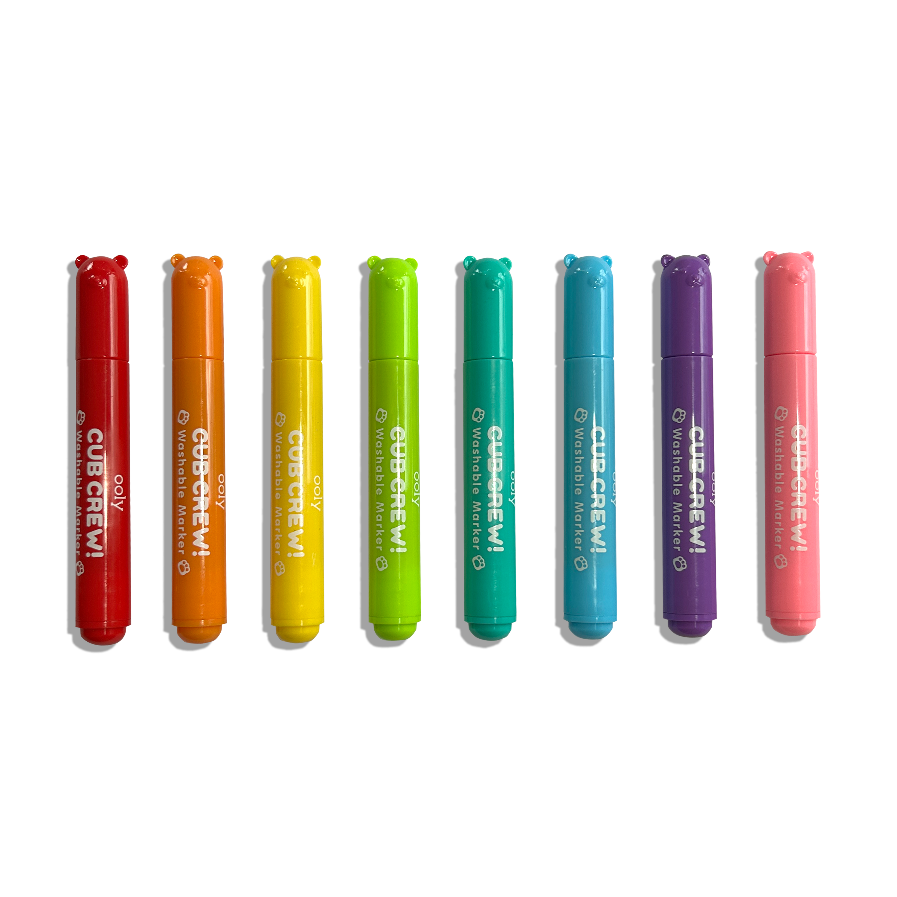 Row of all 8 capped OOLY Cub Crew Washable Markers on a white background