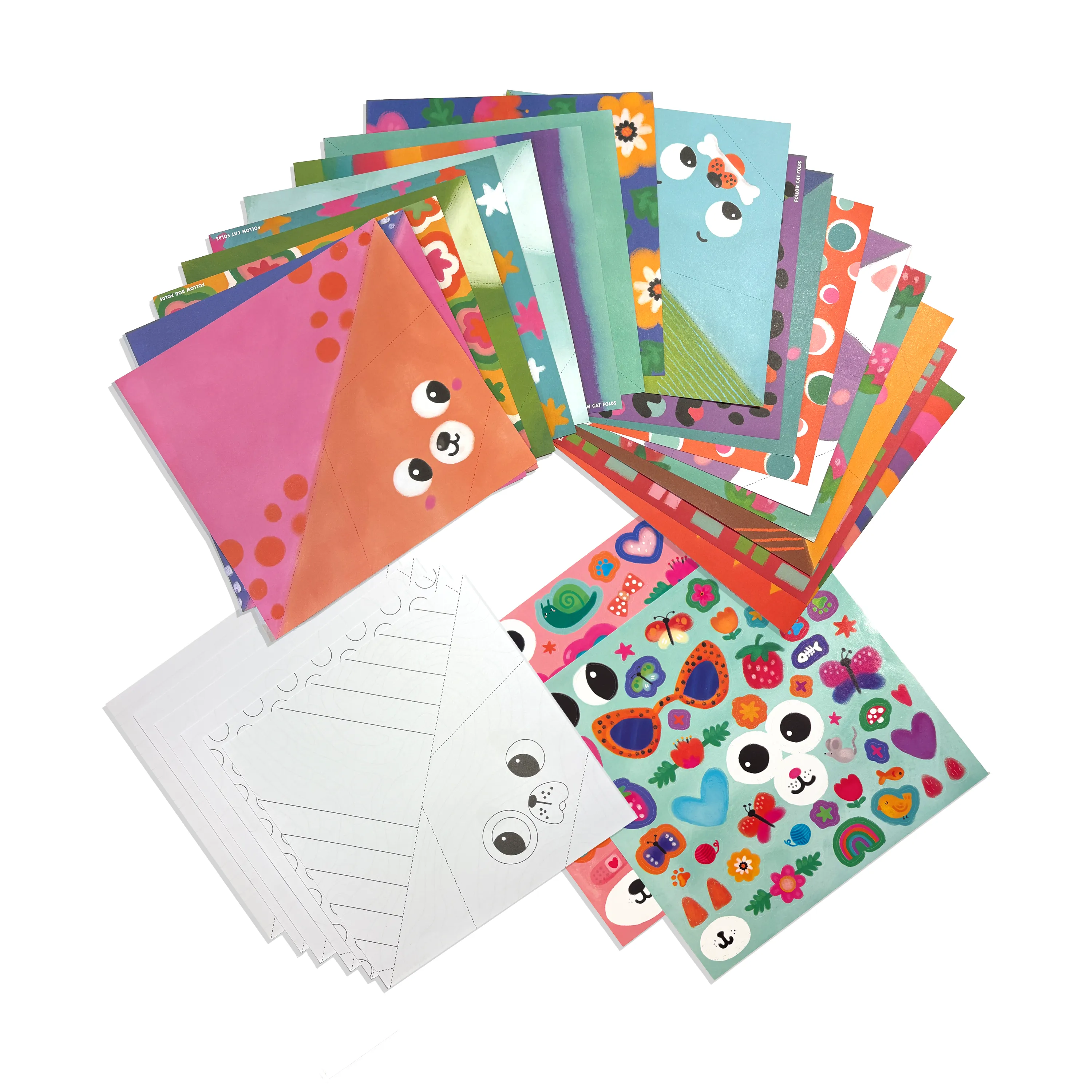 Origami paper and stickers from the OOLY DIY Pet Pals Origami Activity Kit fanned out over a white background