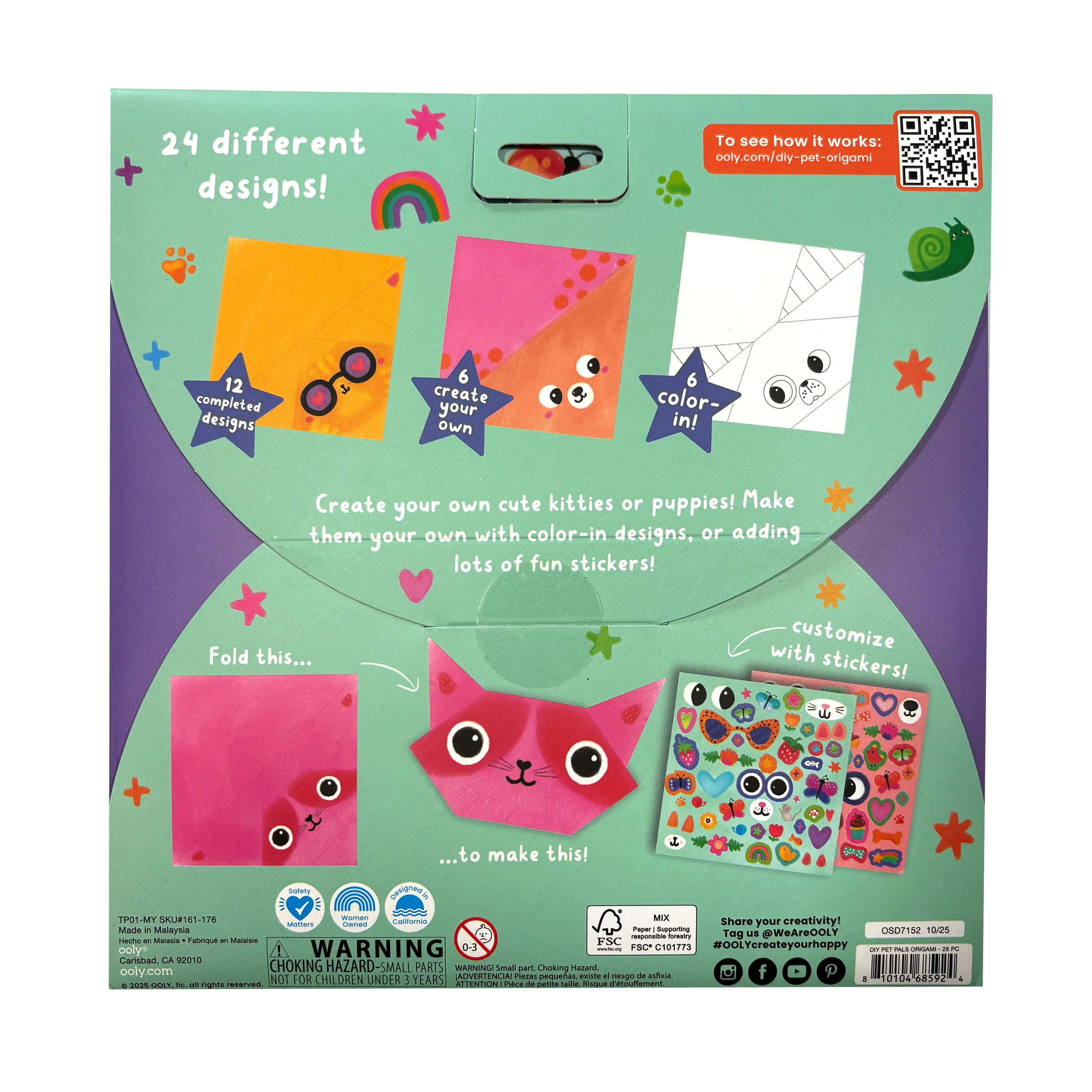 Back of packaging of OOLY DIY Pet Pals Origami Activity Kit