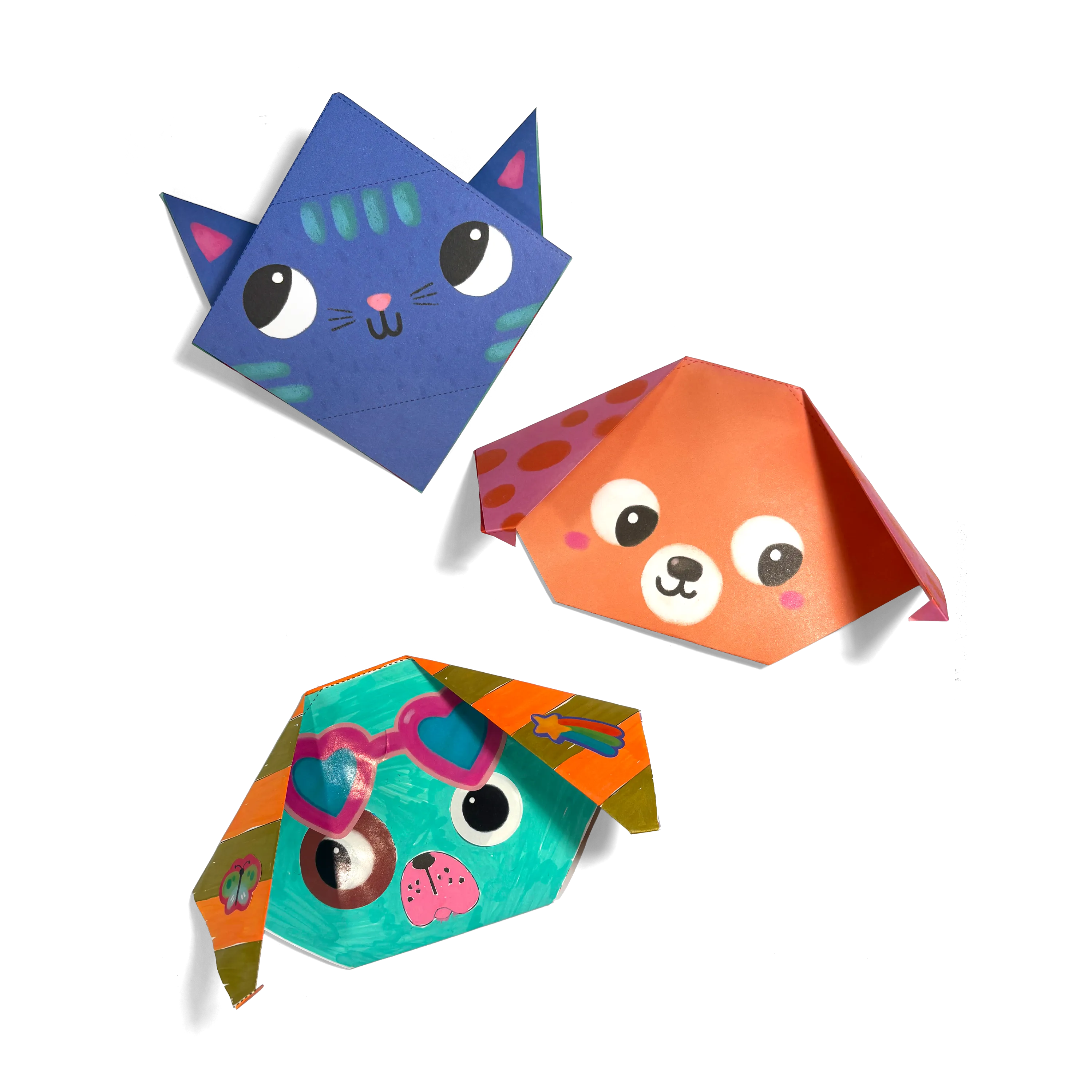 Group of finished origami pets from the OOLY DIY Pet Pals Origami Activity Kit
