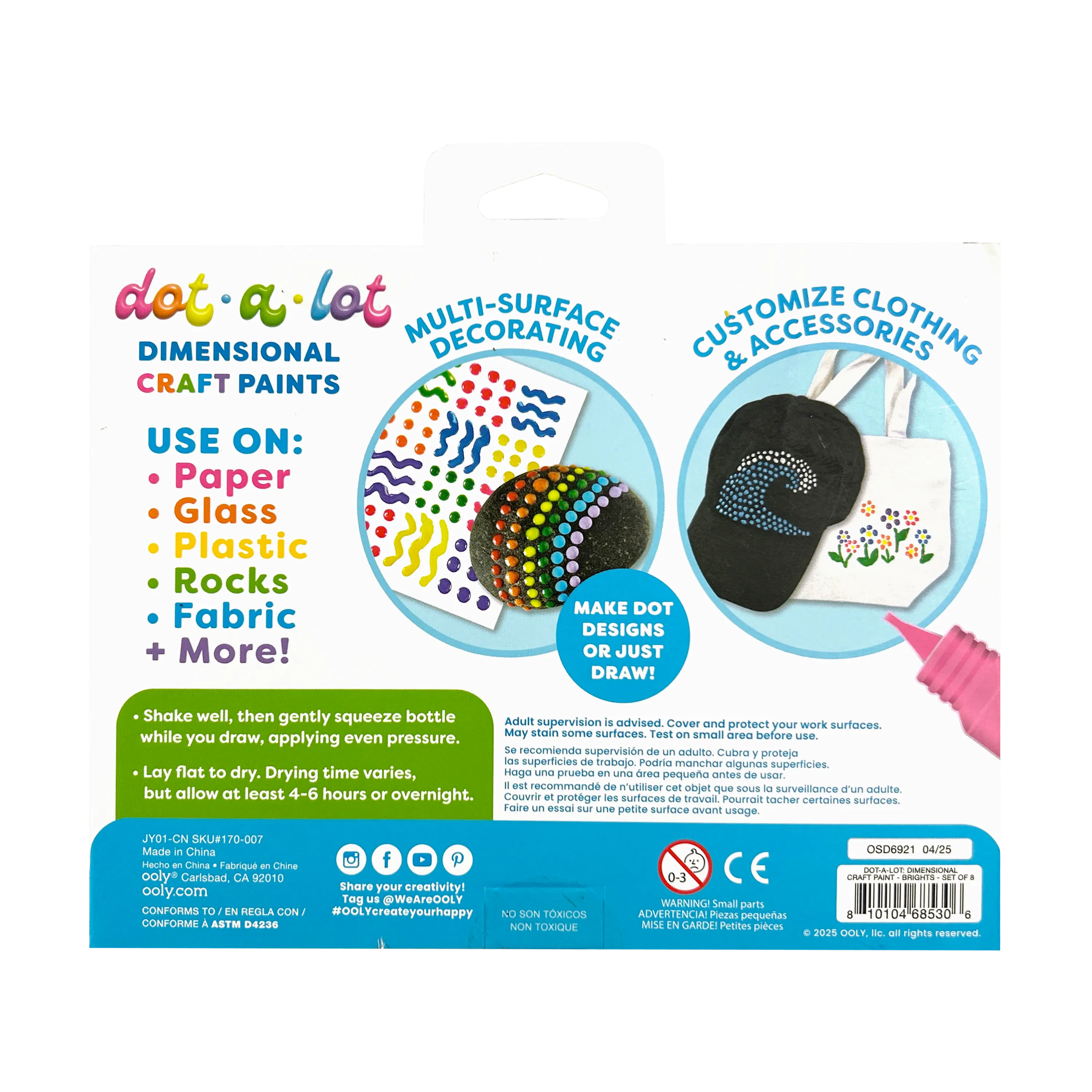 Back of a packaging OOLY Dot-a-Lot 3D Dimensional Craft Paint - Brights with usage instructions and product features.