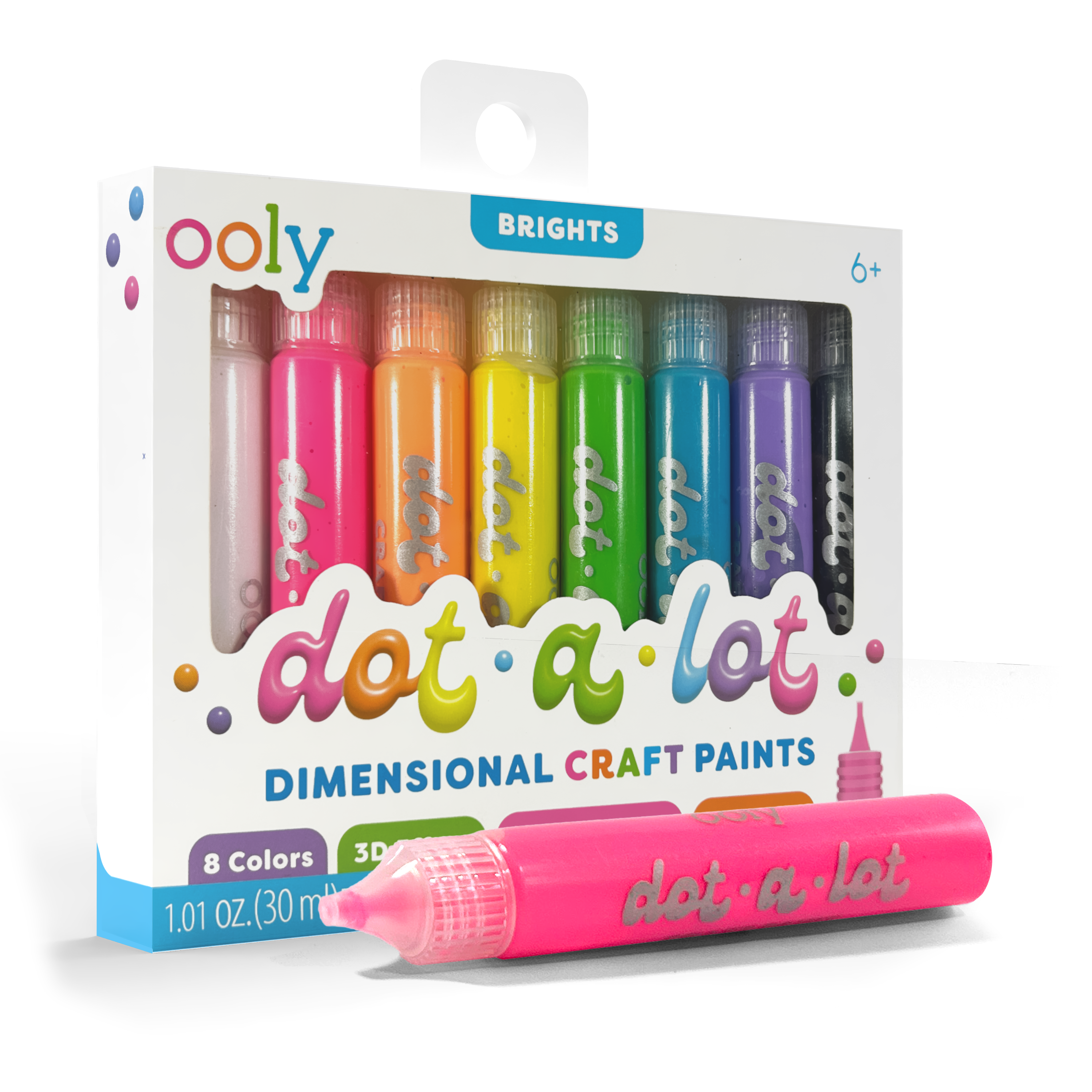 Quarter angle of package of OOLY Dot-a-Lot 3D Dimensional Craft Paint - Brights on a white background