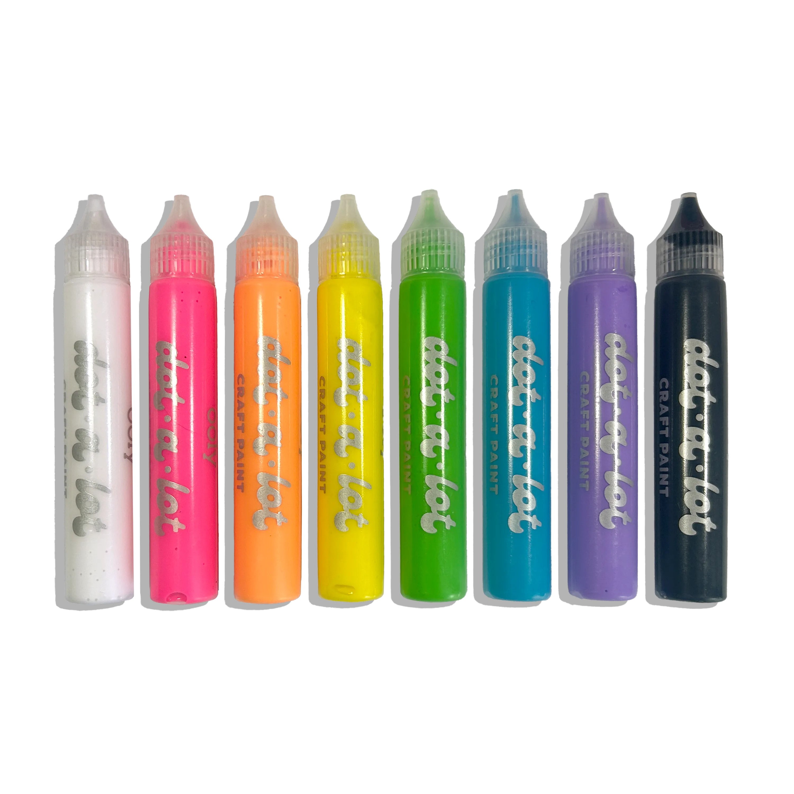 Set of eight OOLY Dot-a-Lot 3D Dimensional Craft Paint - Brights on a white background