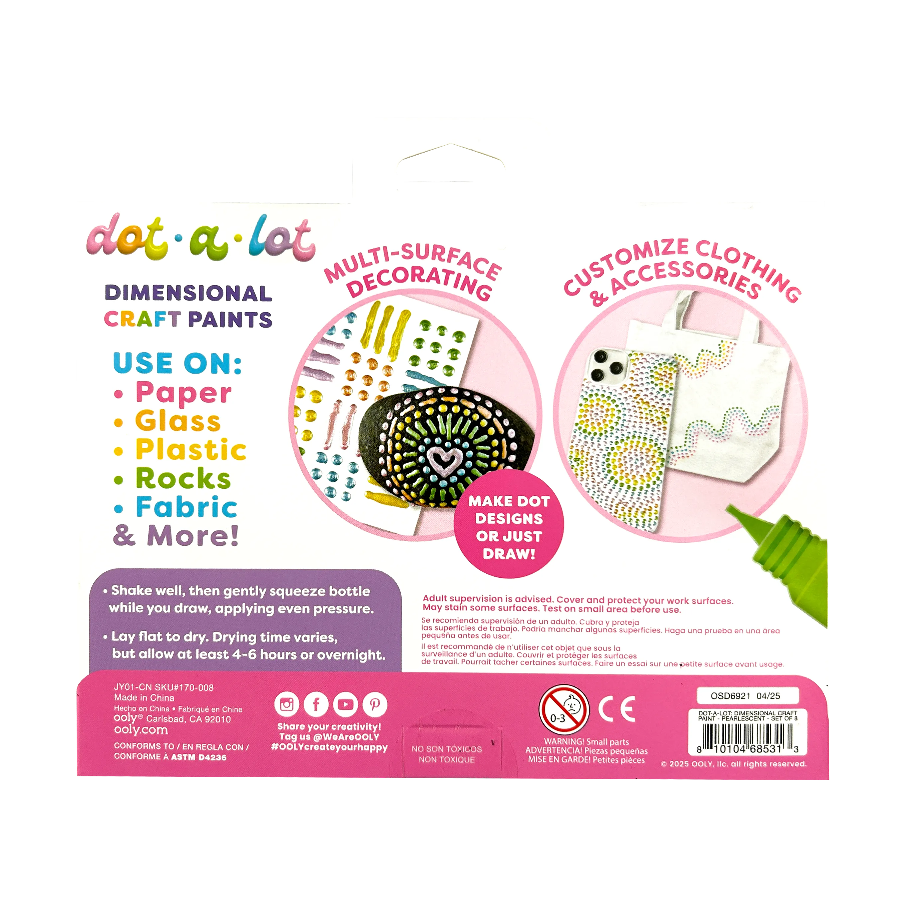 Back of packaging of OOLY Dot-a-Lot 3D Dimensional Craft Paint - Pearlescent usage instructions and product features.