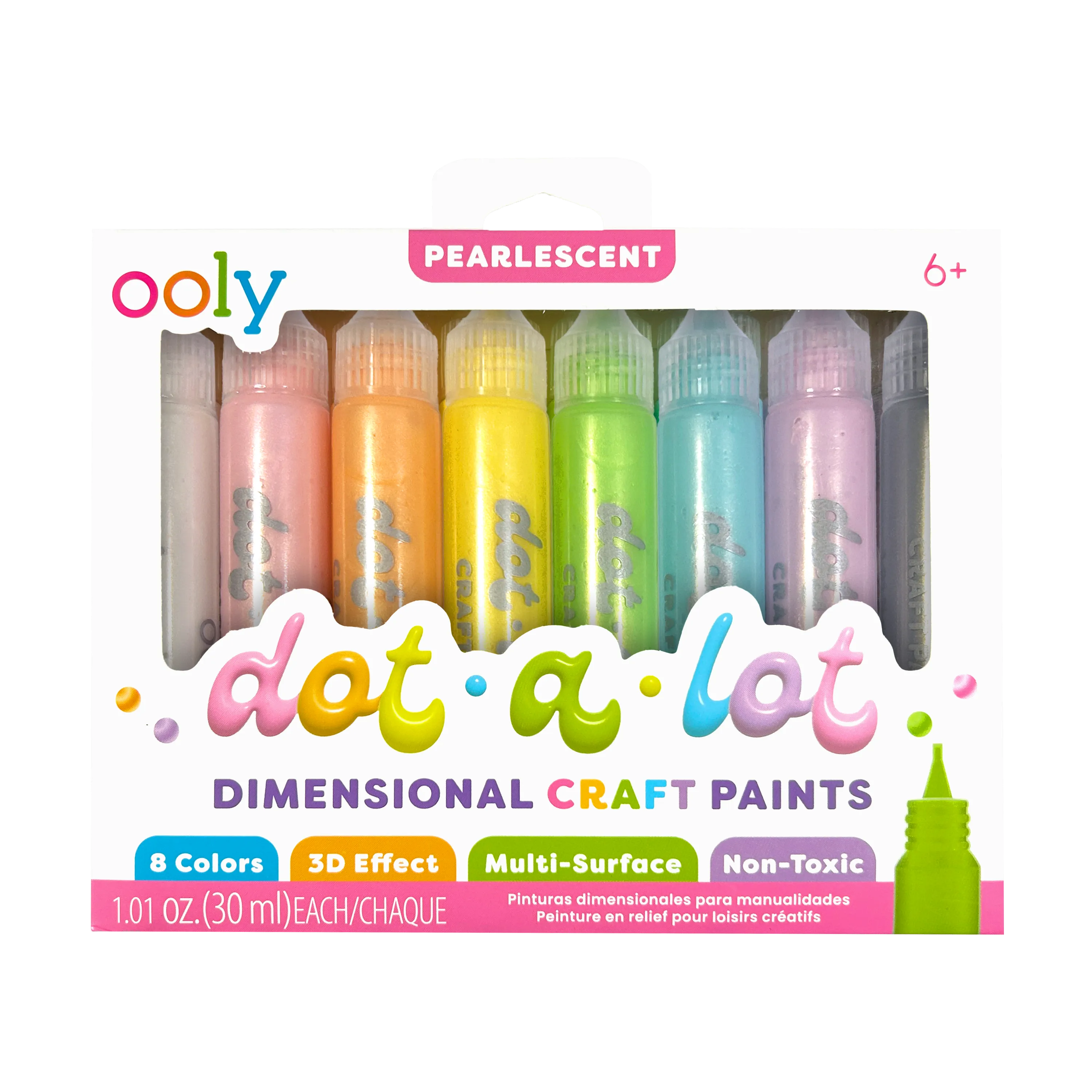 Front of packaging of OOLY Dot-a-Lot 3D Dimensional Craft Paint - Pearlescent on a white background