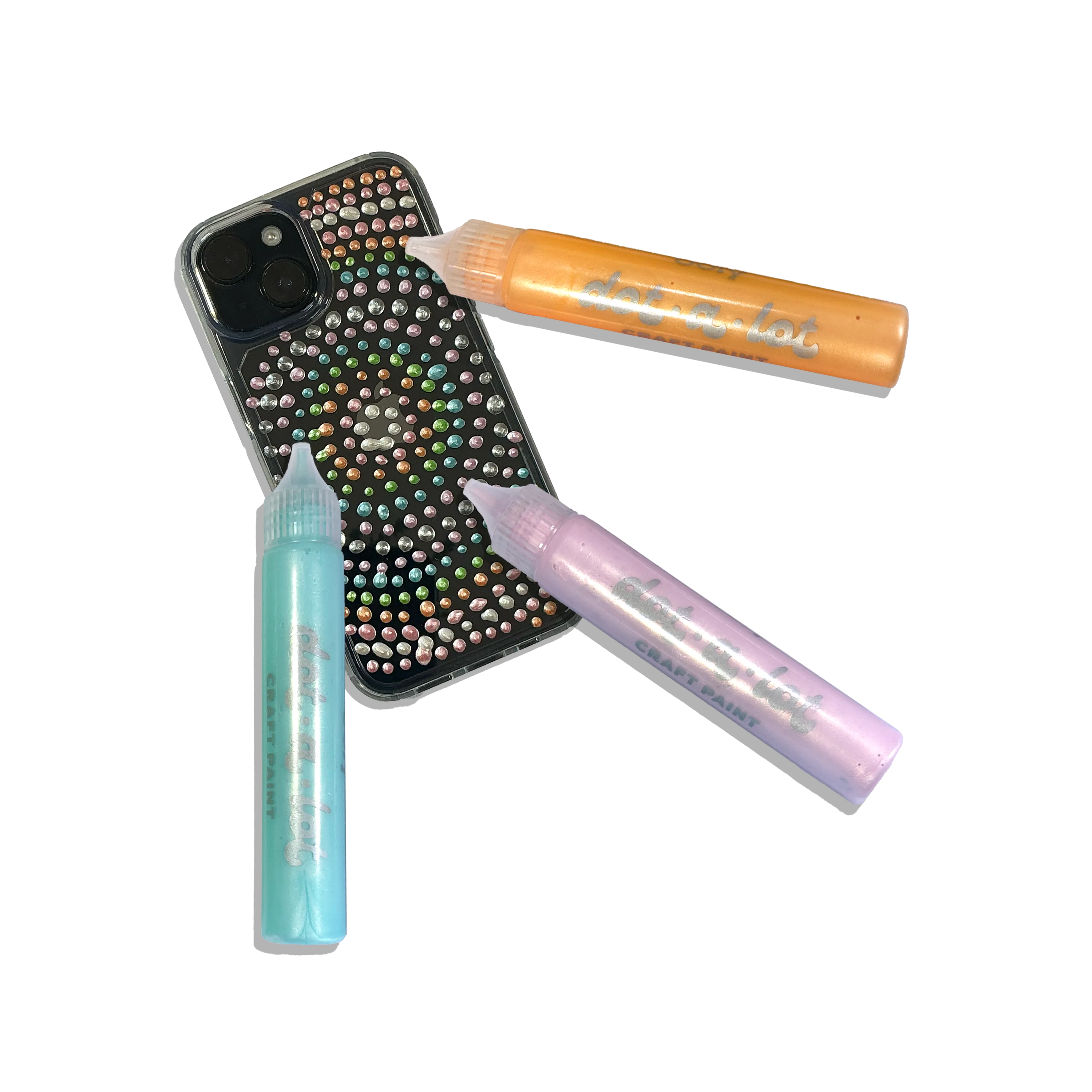 Black phone case decorated with colorful pearlescent from OOLY Dot-a-Lot 3D Dimensional Craft Paint - Pearlescent on a white background