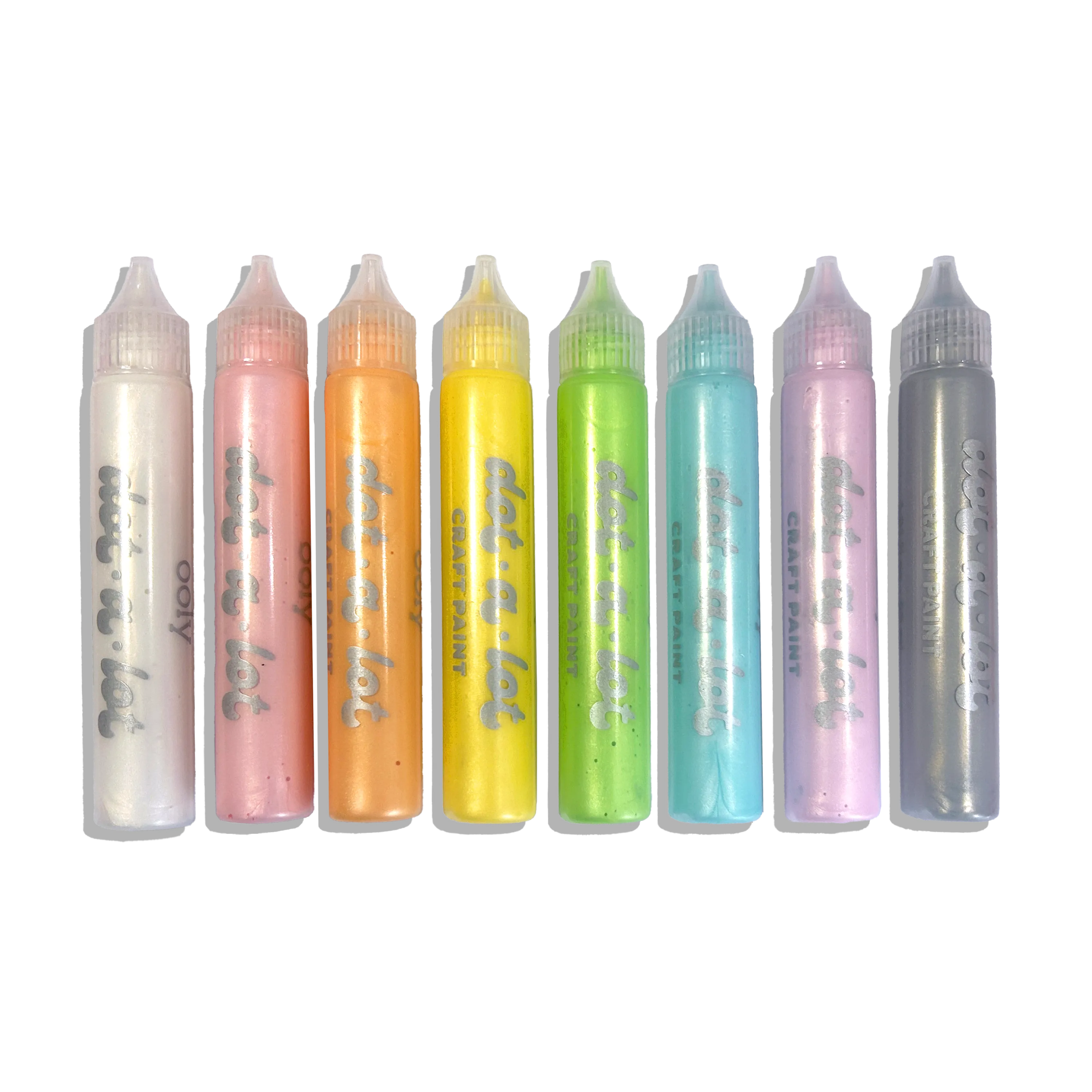 Row of eight colorful sticks from OOLY Dot-a-Lot 3D Dimensional Craft Paint - Pearlescent on a white background