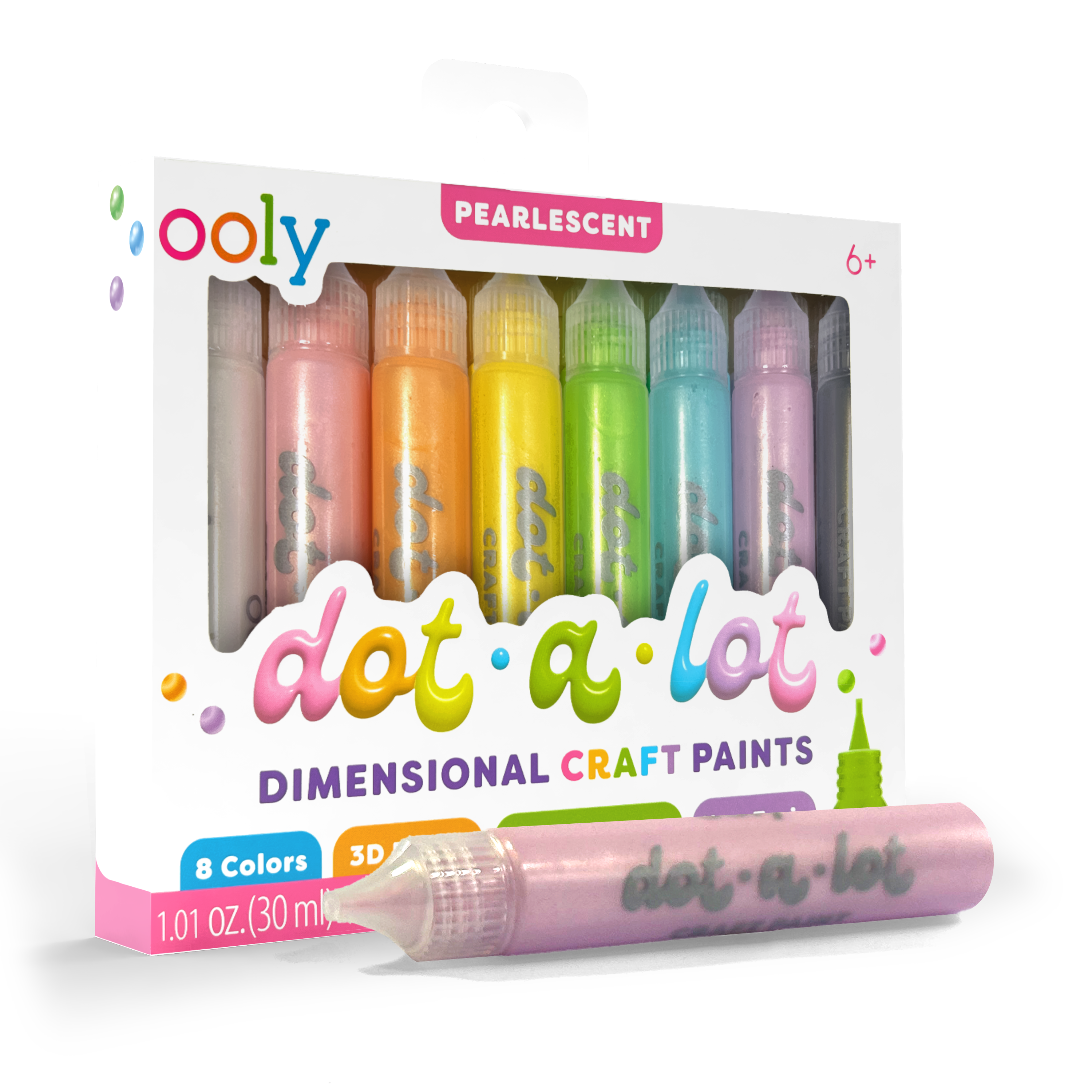 Quarter angle of packaging of OOLY Dot-a-Lot 3D Dimensional Craft Paint - Pearlescent on a white background.