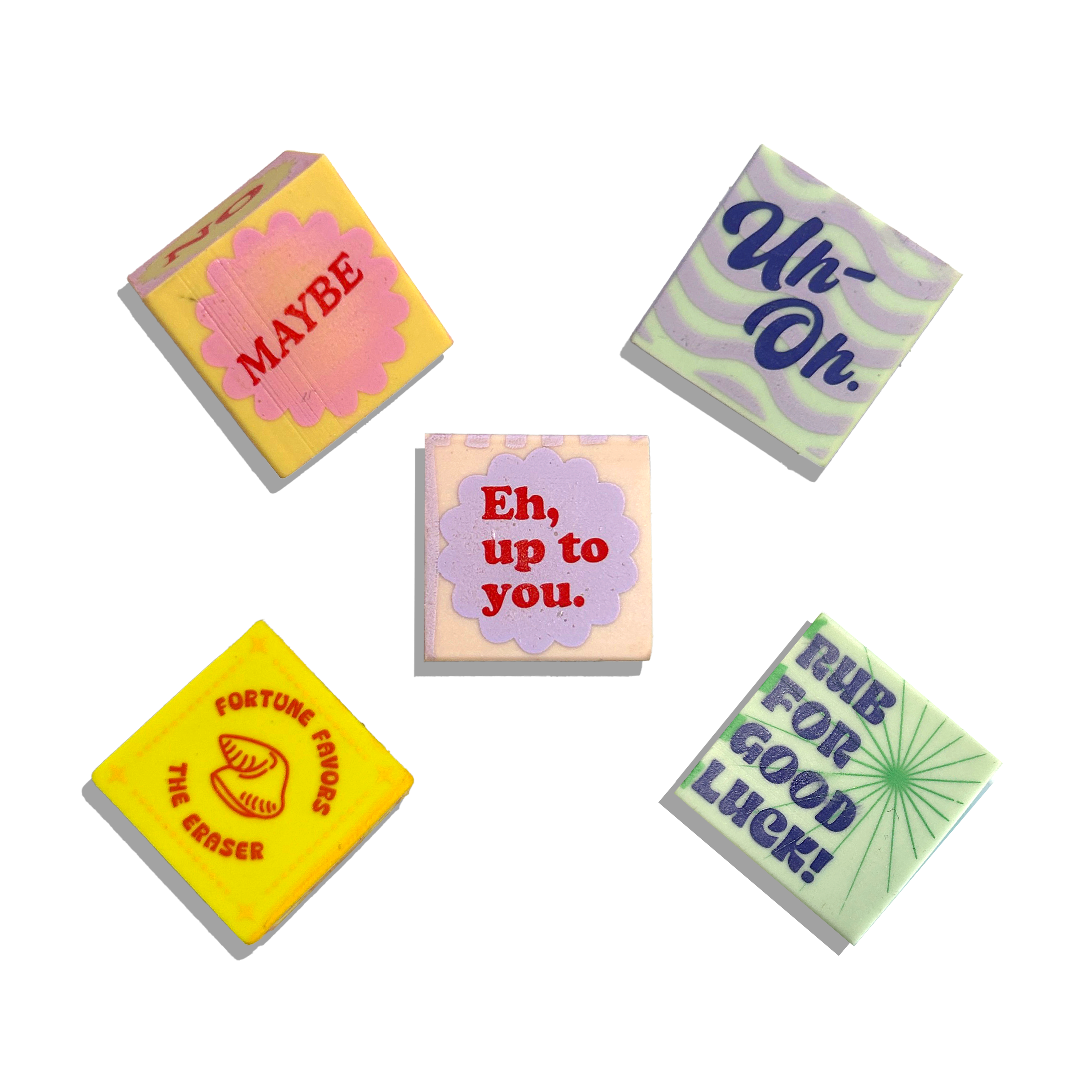 All five dice erasers from the OOLY Feeling Lucky Dice Erasers on a white background