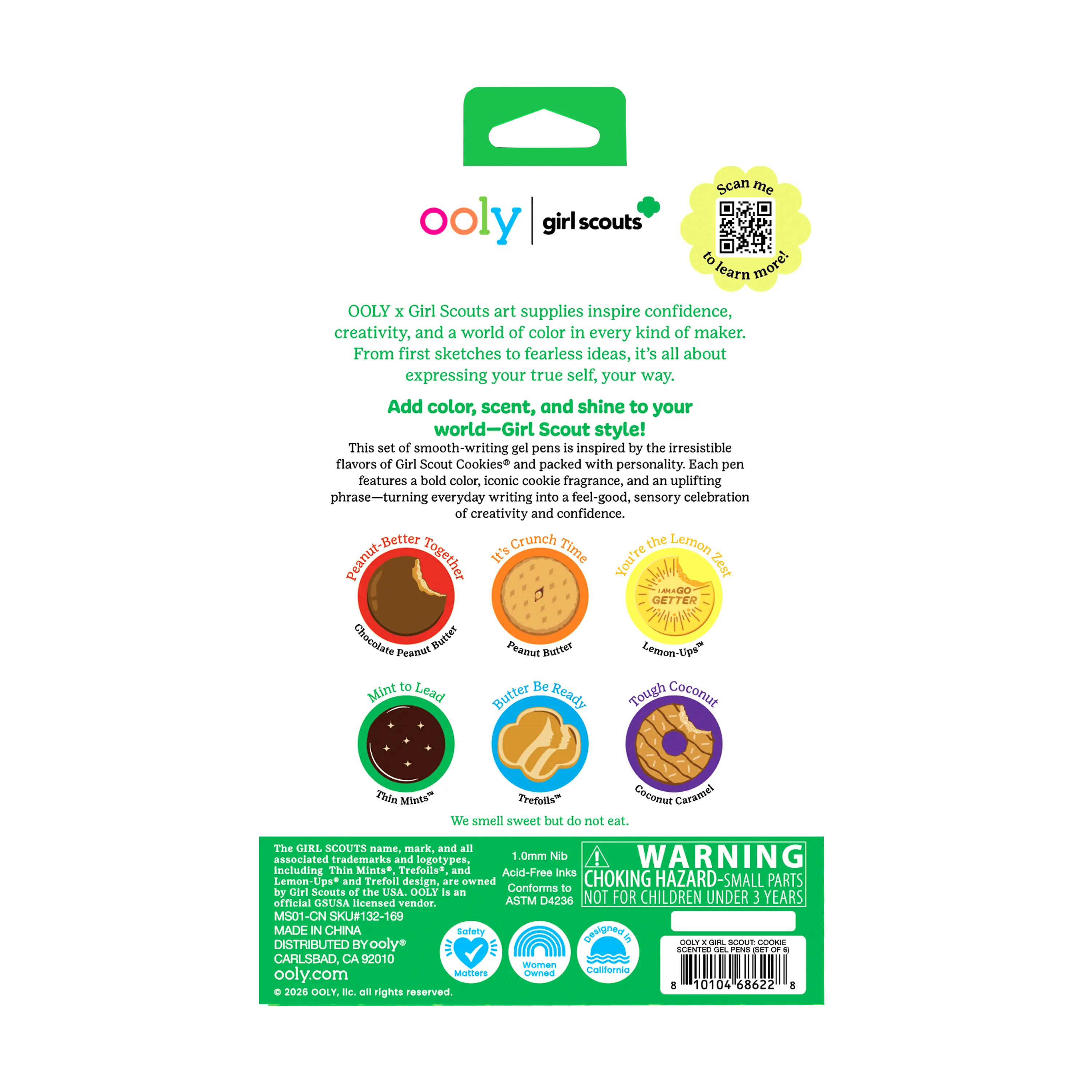 Back of packaging of OOLY x Girl Scouts Cookie Scented Gel Pens