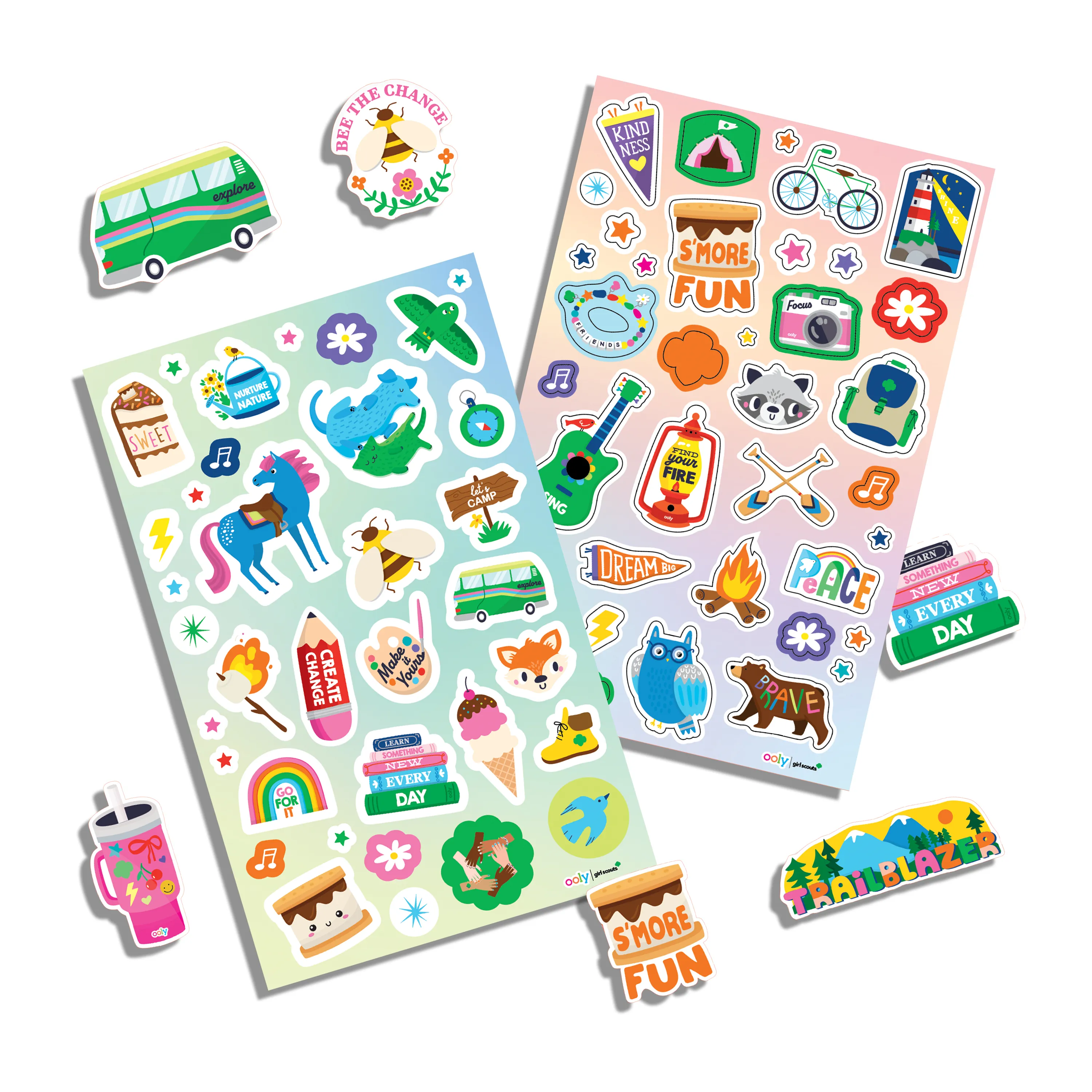 Sticker sheets and individual stickers from the OOLY x Girl Scouts S’more Scented Stickers set