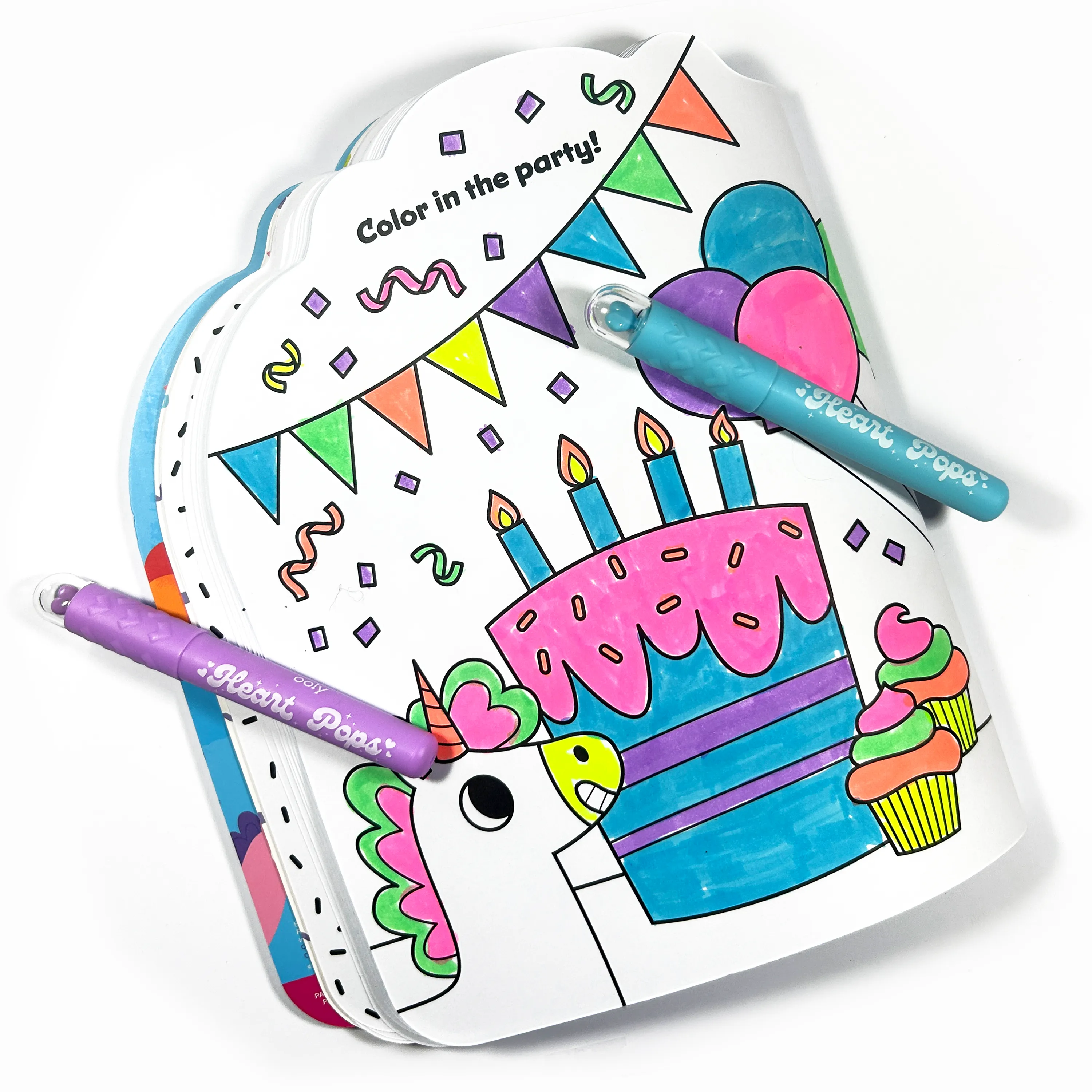 Birthday and unicorn coloring page with blue and purple OOLY Heart Pops Neon Highlighters on a white background
