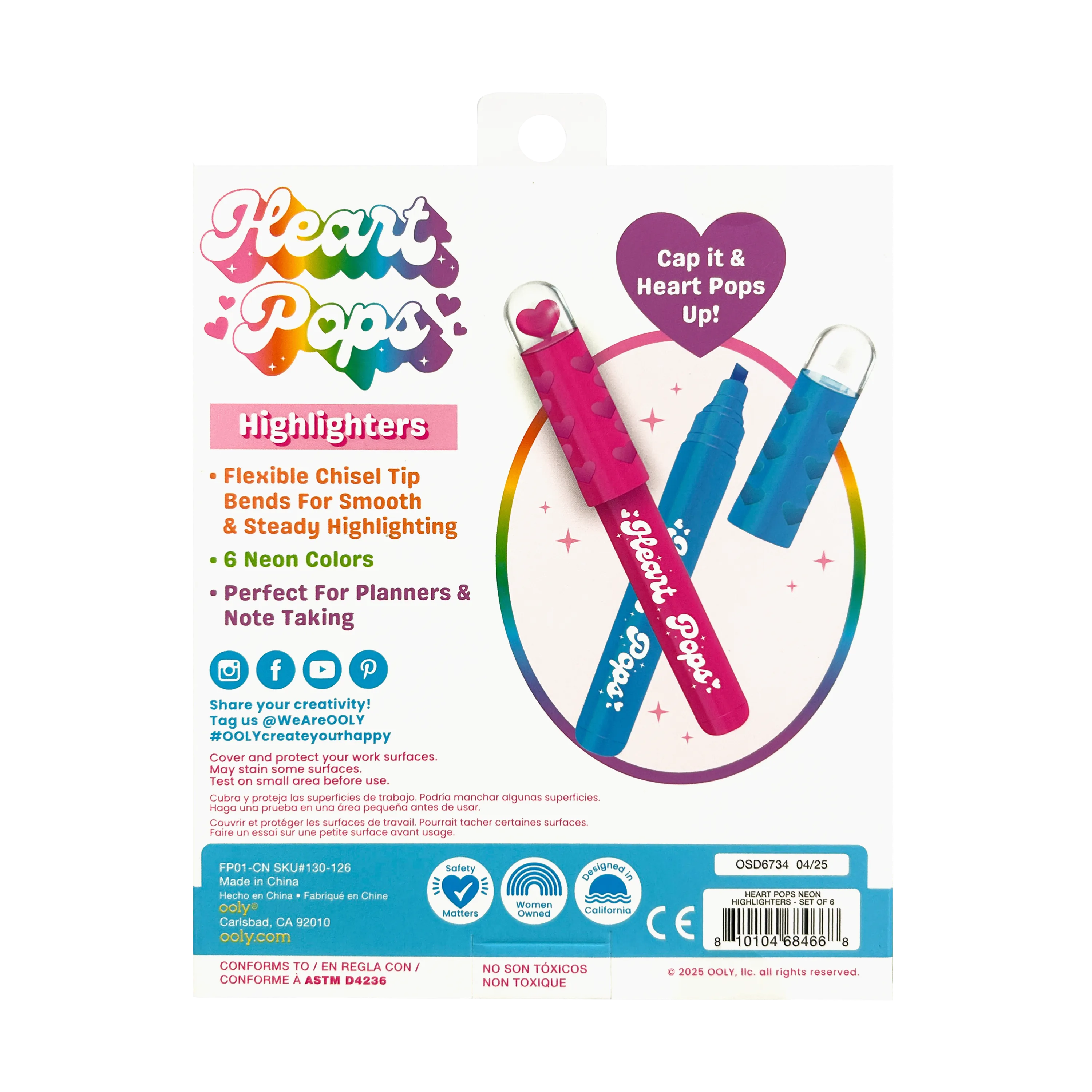 Back of packaging of OOLY Heart Pops Neon Highlighters on a white background